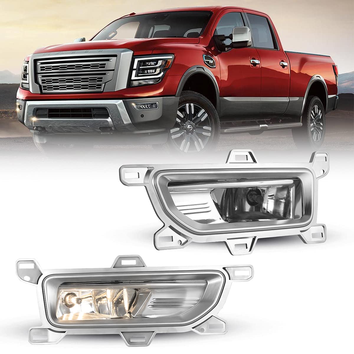 ROXX Fog Lights Assembly for 2020-2025 Nissan Titan - Chrome Bezel Fog Lamps Kit with Wiring Harness & Switch (H8 Halogen Bulb Included) - Perfect for Night Driving & Off-Road Adventures