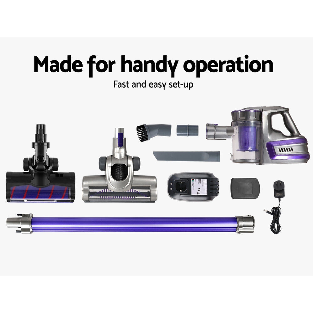 Devanti 150W Cordless Stick Vacuum Cleaner with Roller Brush - Lightweight Purple Handheld Vacuum for Hardwood Floors, Carpets & Pet Hair - Perfect for Home, Office & Car Cleaning