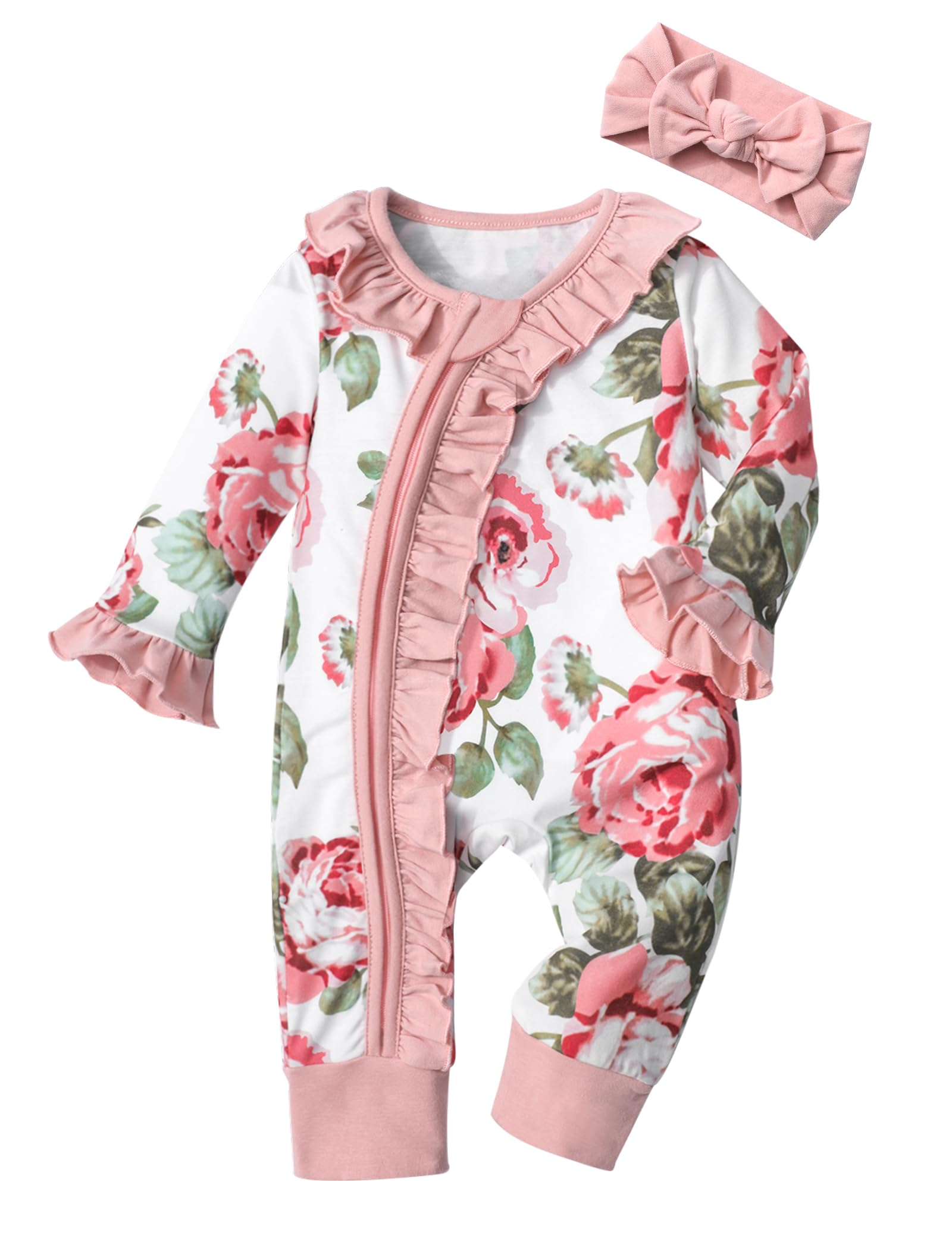 Adorable Newborn Baby Girl Outfits - Soft Long Sleeve Ruffle Onesies with Matching Headband | Perfect for Photoshoots, Special Occasions & Everyday Wear