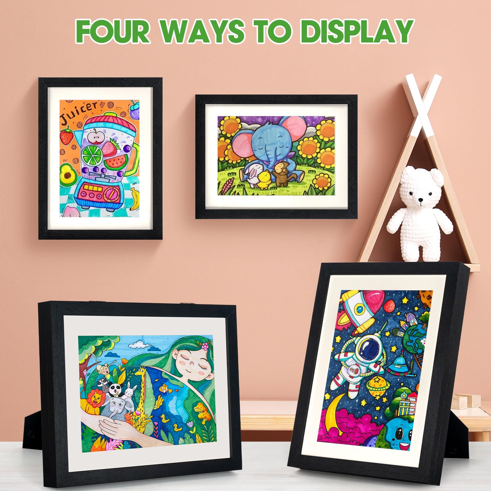 AIOR Kids Art Frame - 8.5 x 11 Front Opening Picture Frame for Children's Artwork | Holds 150 A4 Drawings & Projects | Changeable Display with Stand | Perfect for Classroom Decor, Home Gallery & Gift (Black)