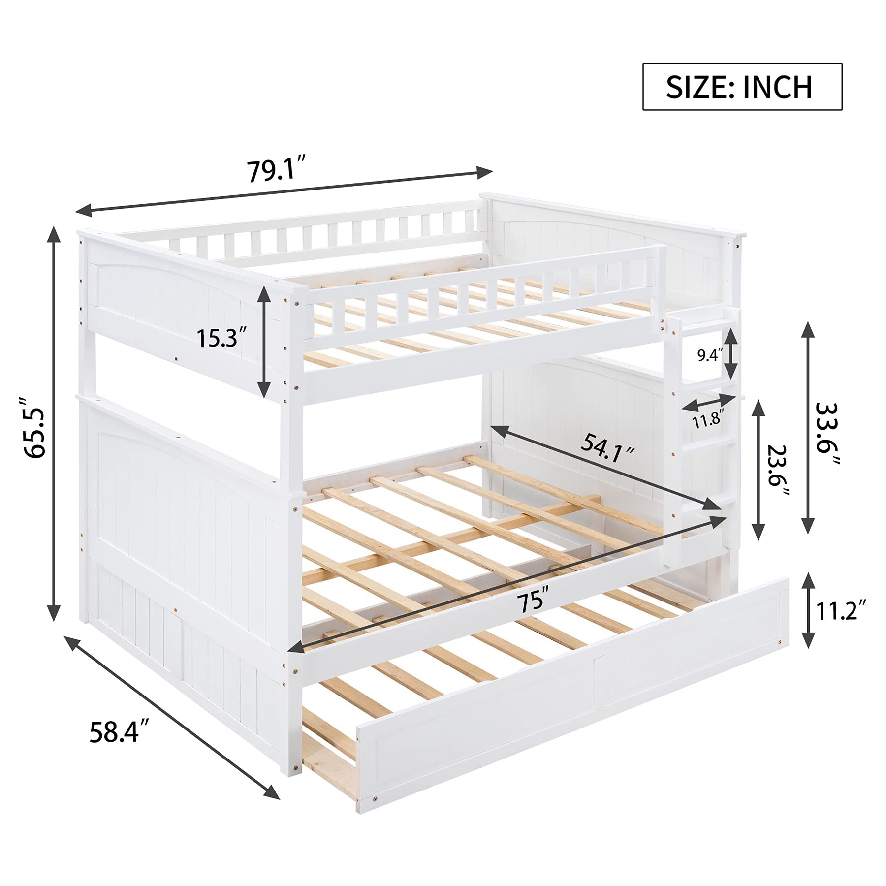 P PURLOVE Full Over Full Bunk Bed with Trundle - Solid Wood Bunk Bed Frame with Safety Guardrails for Kids & Teens - Space-Saving Bedroom Furniture for Small Rooms, Guest Rooms & Vacation Homes (White)