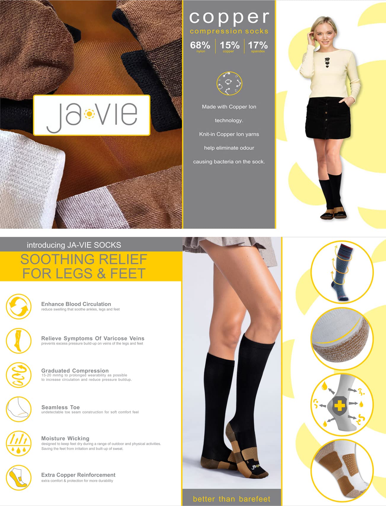 JAVIE Copper Compression Socks for Men & Women - 15-20mmHg Medical Grade Support, Moisture Wicking & Odor Control - Ideal for Running, Hiking, Flight Travel, Diabetes & Varicose Vein Relief - Stay Comfortable All Day