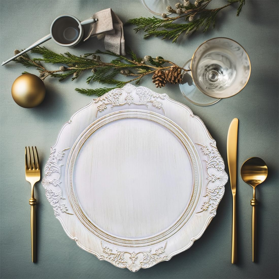 Antique White 13 Inch Embossed Plastic Charger Plates - Elegant Dinner Plate Chargers for Weddings, Parties & Formal Dining (Set of 6) | Perfect for Table Settings, Buffet Displays & Special Occasions