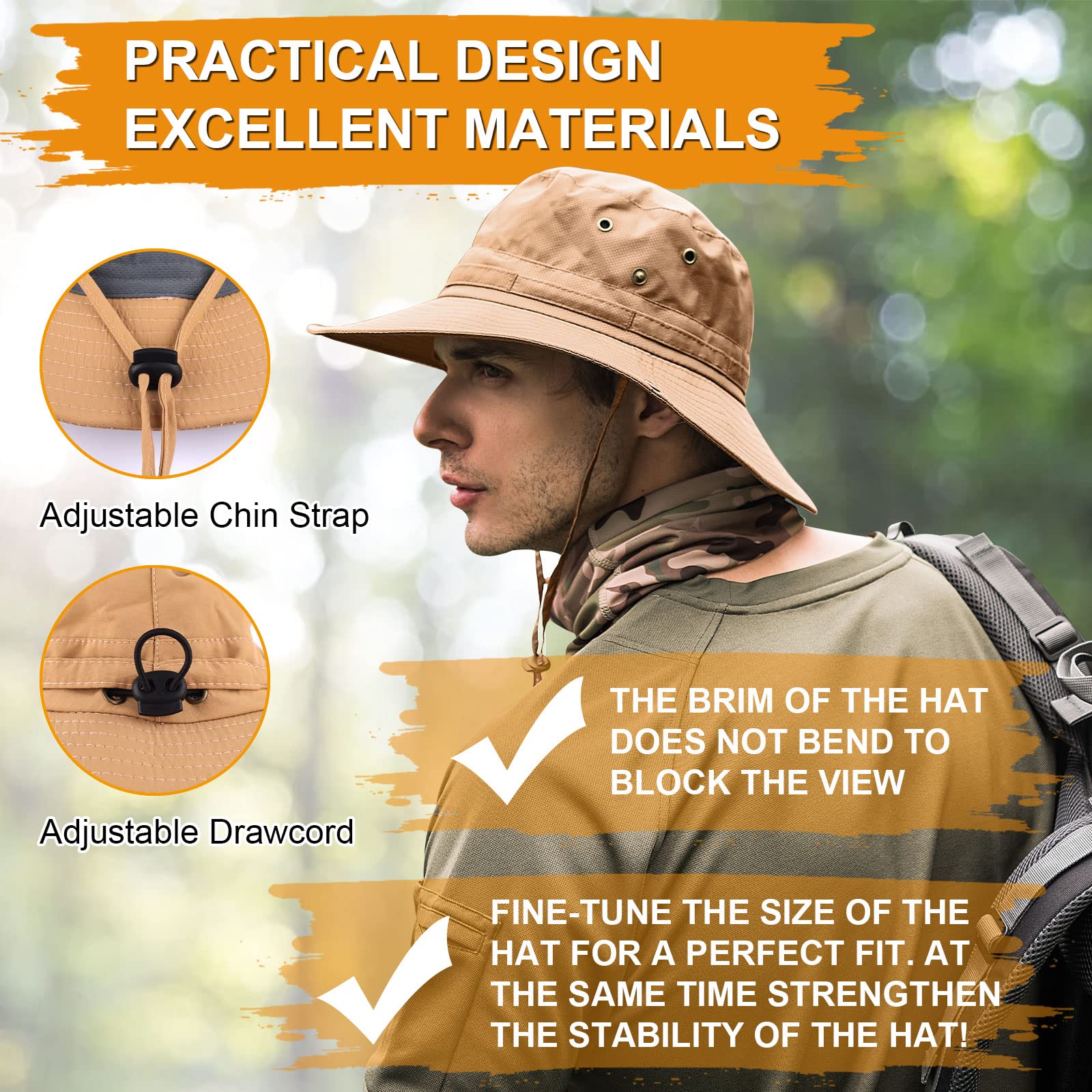 Wide Brim Sun Protection Fishing Hat - Breathable Safari & Boonie Hat for Men - Perfect for Hiking, Fishing & Outdoor Adventures