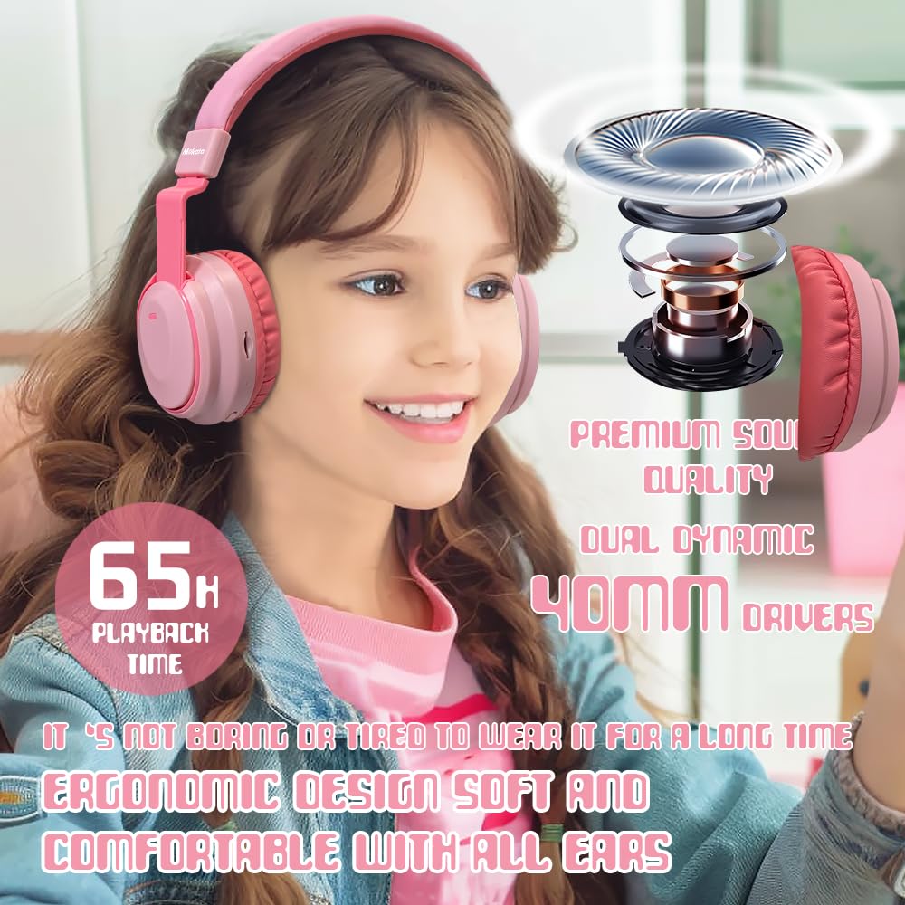 Bluetooth 5.3 Wireless Kids Headphones - 60H Playtime, Volume Limited 85/110dB, Over-Ear Foldable Design with Aux Cable & Mic - Perfect for School, Travel, iPad, Tablet, Notebook (Pink) - Ideal for Online Classes, Airplane Trips & Home Learning