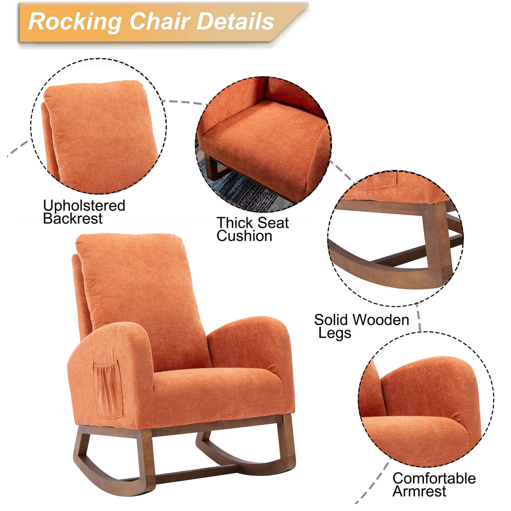 SSLine Upholstered Rocking Chair - Modern Fabric Rocking Armchair with Comfortable Cushion for Nursery, Living Room, Bedroom, Study & Office - Perfect for Relaxation, Nursing & Reading (Orange)