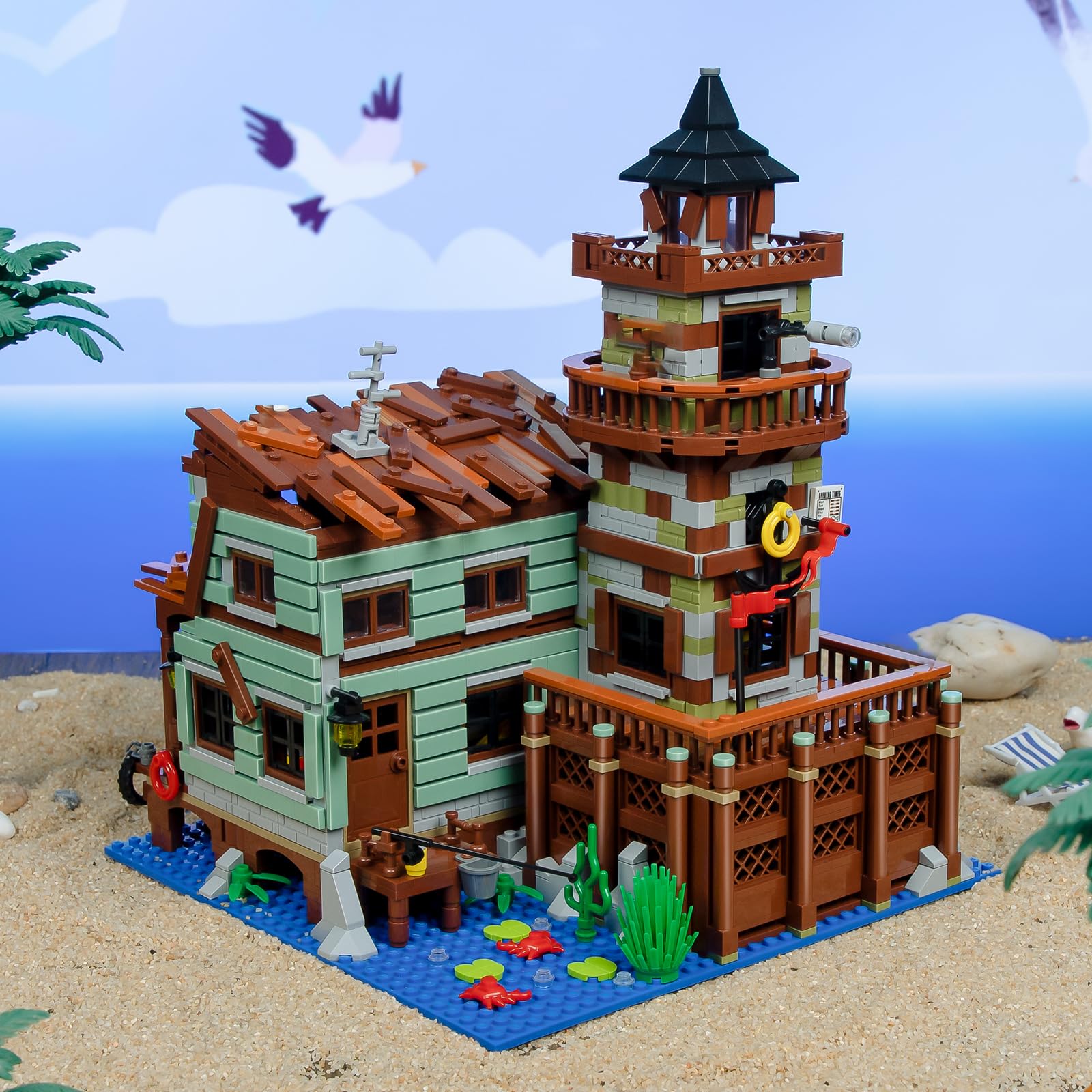 1881-Piece Wooden Cabin Mini Building Block Set with LED Lights - STEM Architecture Toy Kit for Adults & Kids Ages 8-12+ | Fishing Village Store House Model | Perfect Birthday Gift & Home Decoration (Not Compatible with Other Sets)