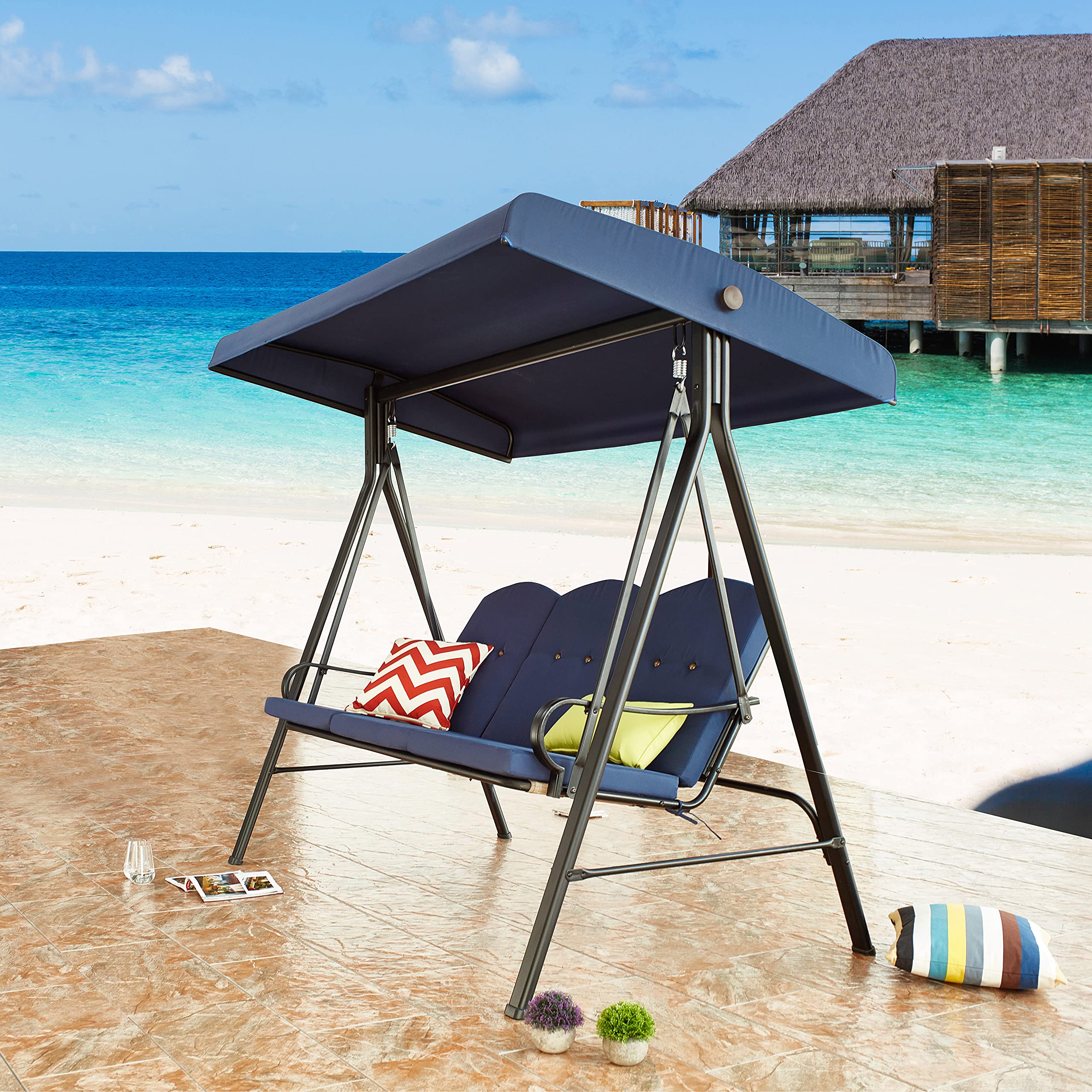 LOKATSE HOME 3-Person Outdoor Patio Swing with Adjustable Canopy & Cushion - Steel Frame Weather-Resistant Bench for Garden, Backyard, Porch (Blue) | Perfect for Relaxing, Lounging & Enjoying Outdoor Spaces