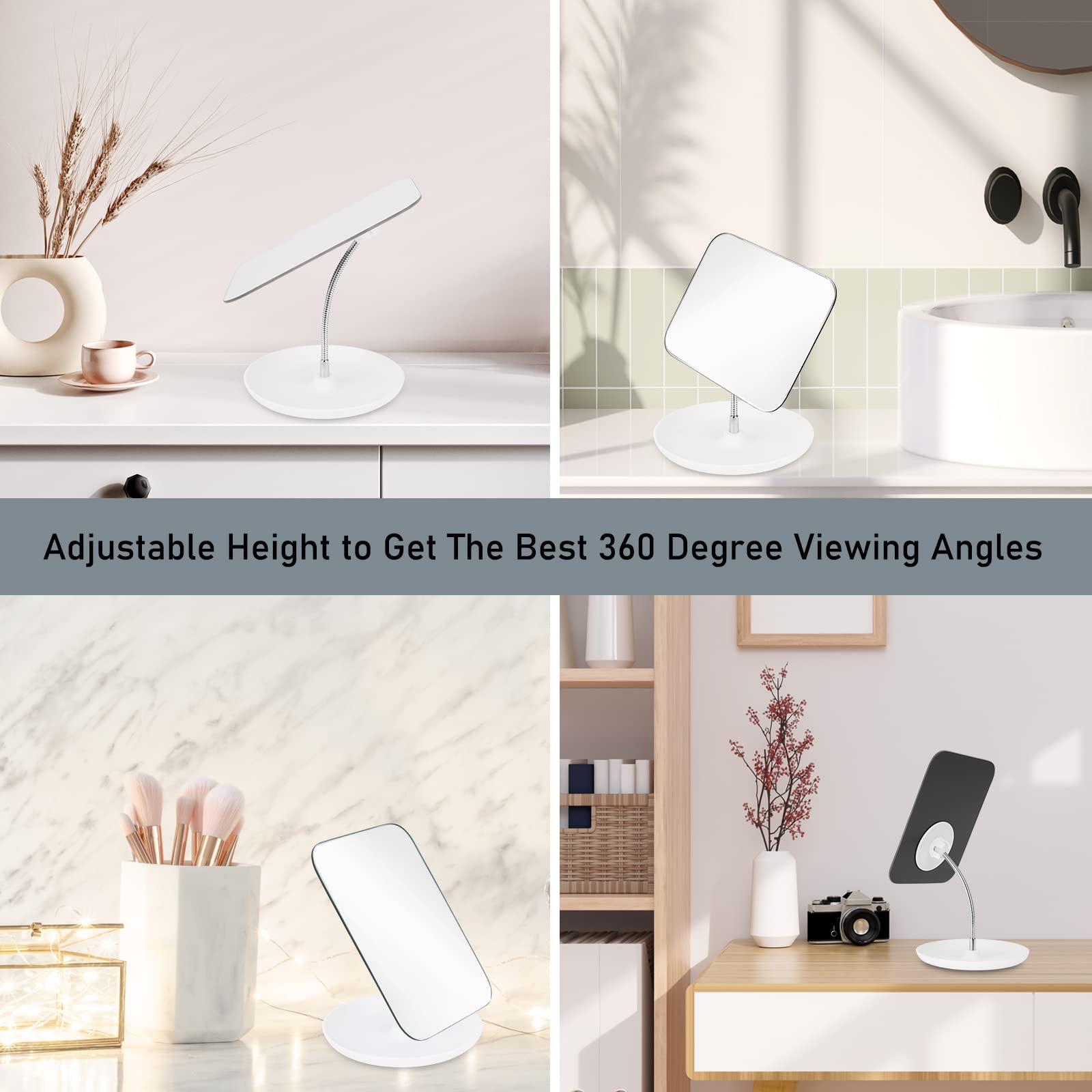 CLSEVXY Adjustable Table Vanity Mirror with Stand - 360° Rotating Folding Makeup Mirror with Flexible Gooseneck for Desk - Portable Square Cosmetic Mirror for Home, Bedroom & Travel Use