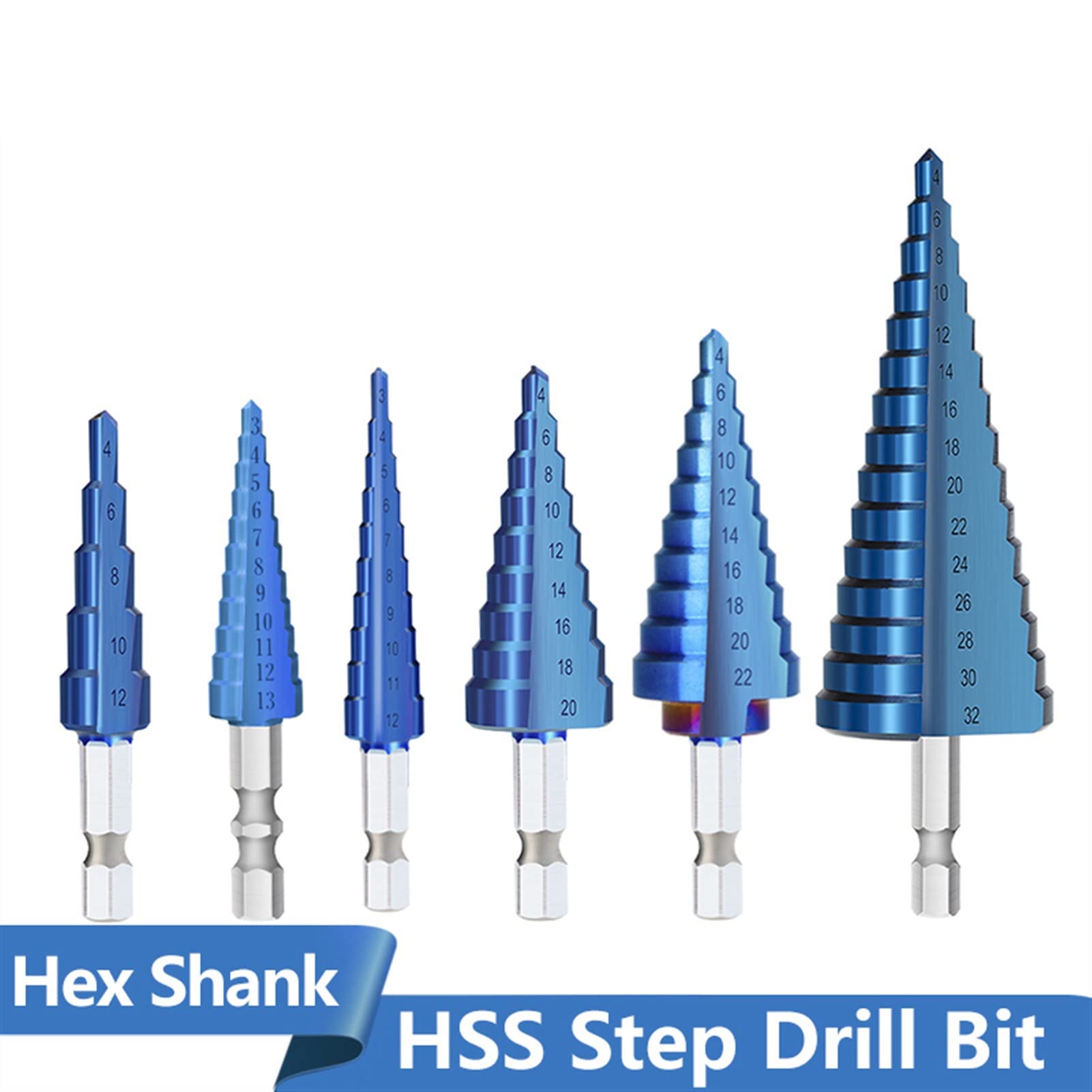 Step Cone Drill Bit Set 3-12/13mm & 4-12/20/22/32mm - Nano Blue Coated Hole Cutter for Wood & Metal - Power Tool Accessories for DIY, Construction and Home Improvement Projects