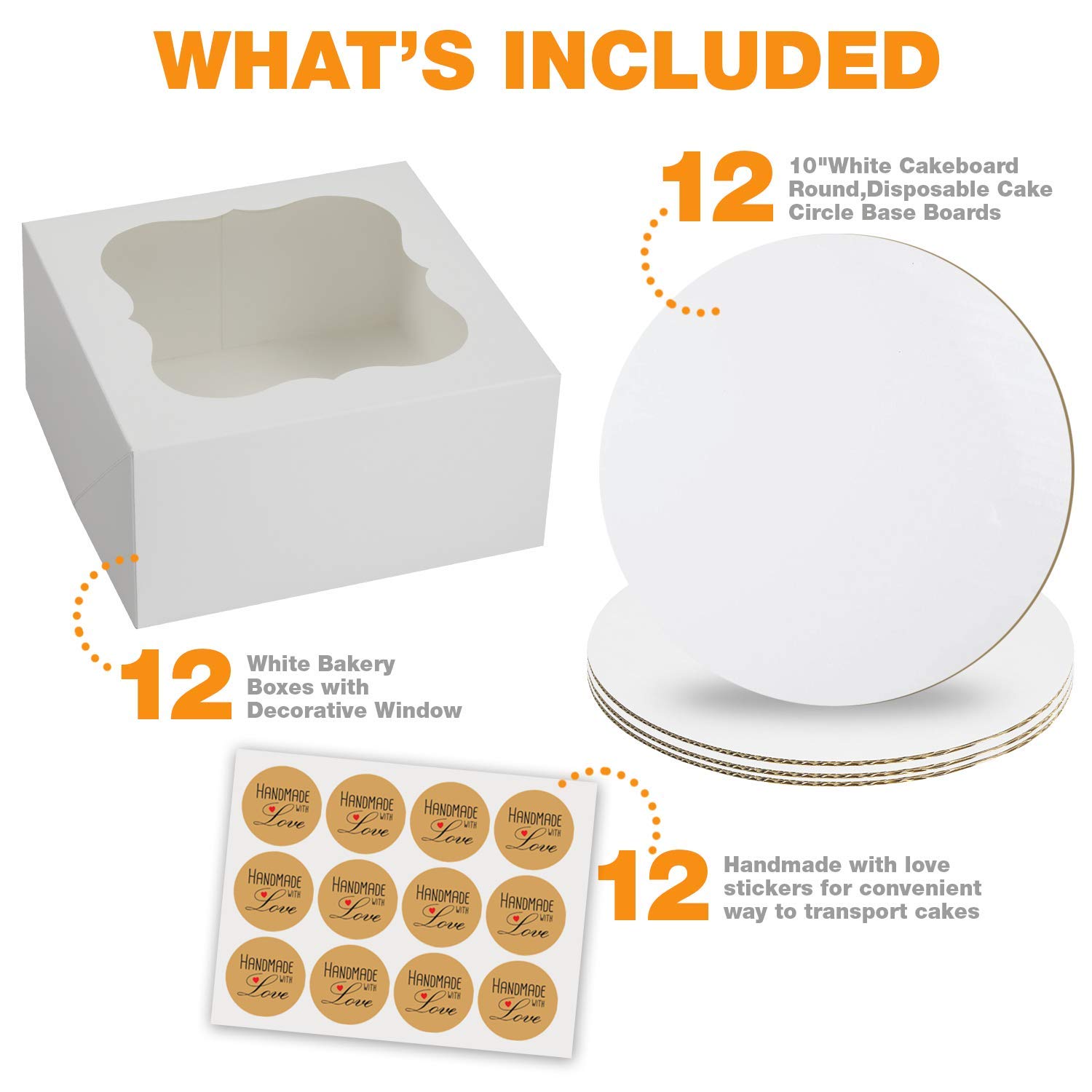 SELMY 10 Inch Cake Boxes with Window [12-Pack] - 10x10x5 White Bakery Boxes with Boards & Stickers for Birthday, Wedding, and Party Desserts