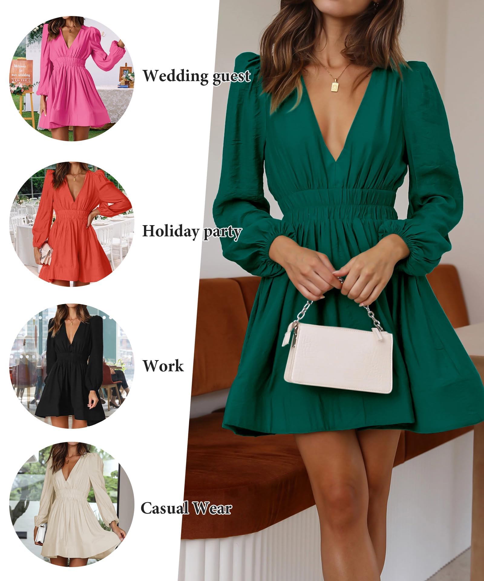 Sexy Deep V Neck Mini Dress for Women - Long Sleeve A-line High Waisted Flowy Casual Dress | Perfect for Date Night, Party & Evening Outfits