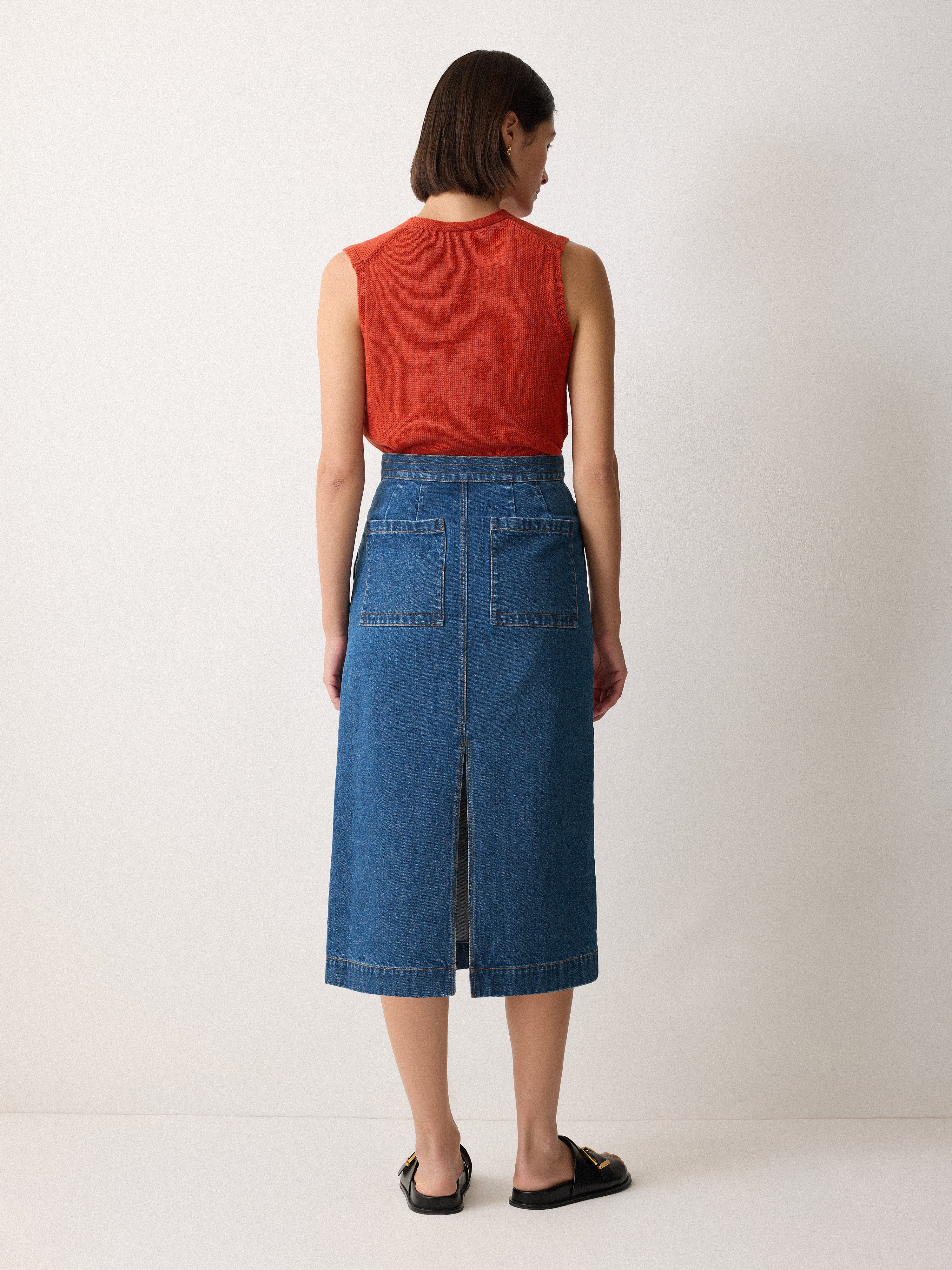 Vintage Mid Blue Denim Patch Pocket Midi Skirt - Women's Retro High Waist A-Line Skirt for Casual Outfits & Boho Style
