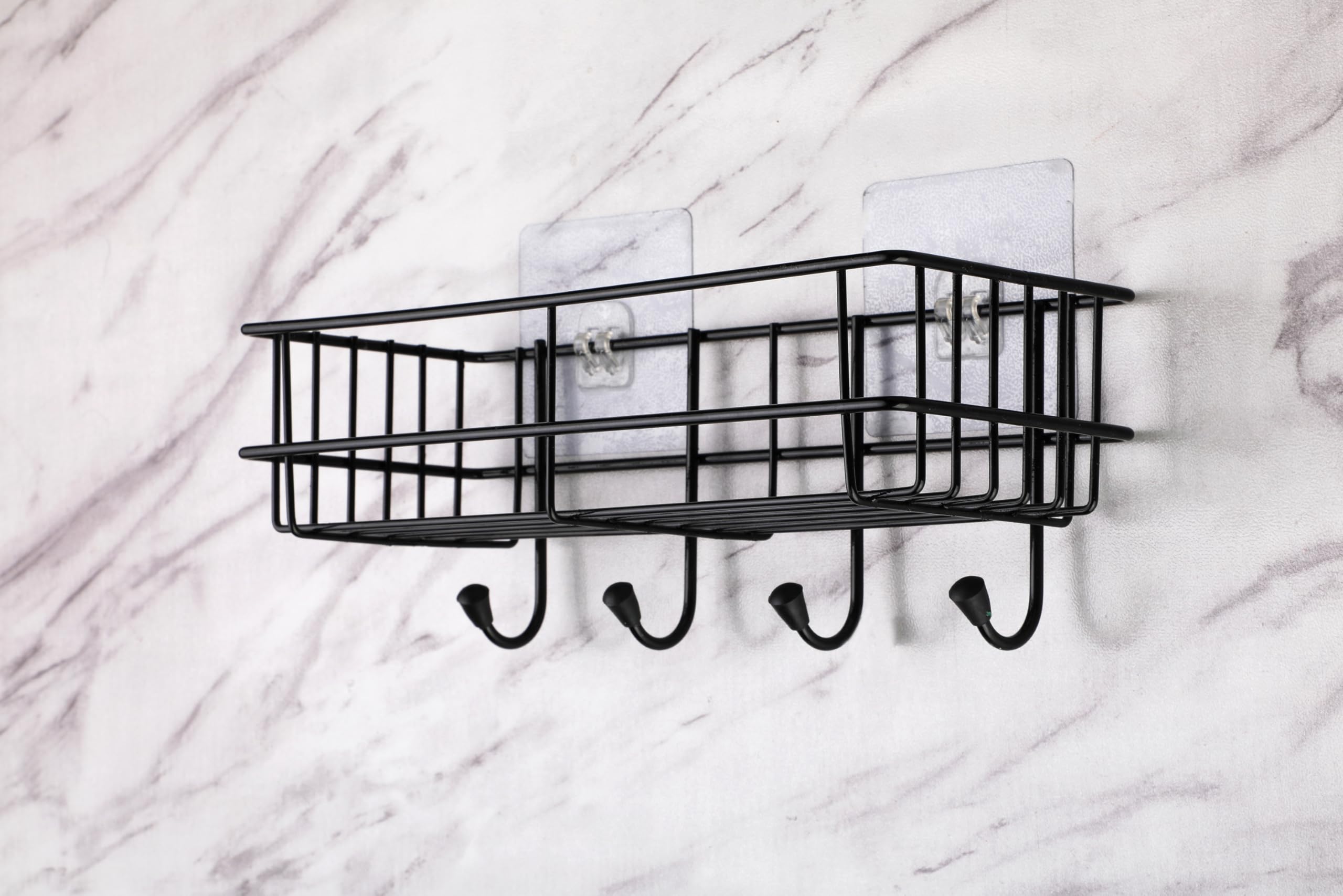 iSTAR GI Steel Self-Adhesive Bathroom Shelf with Hooks - Wall Mounted Towel Holder & Storage Rack - Space Saving Bathroom Organizer for Shower, Toilet & Kitchen (Black, Powder Coated, Pack of 1)