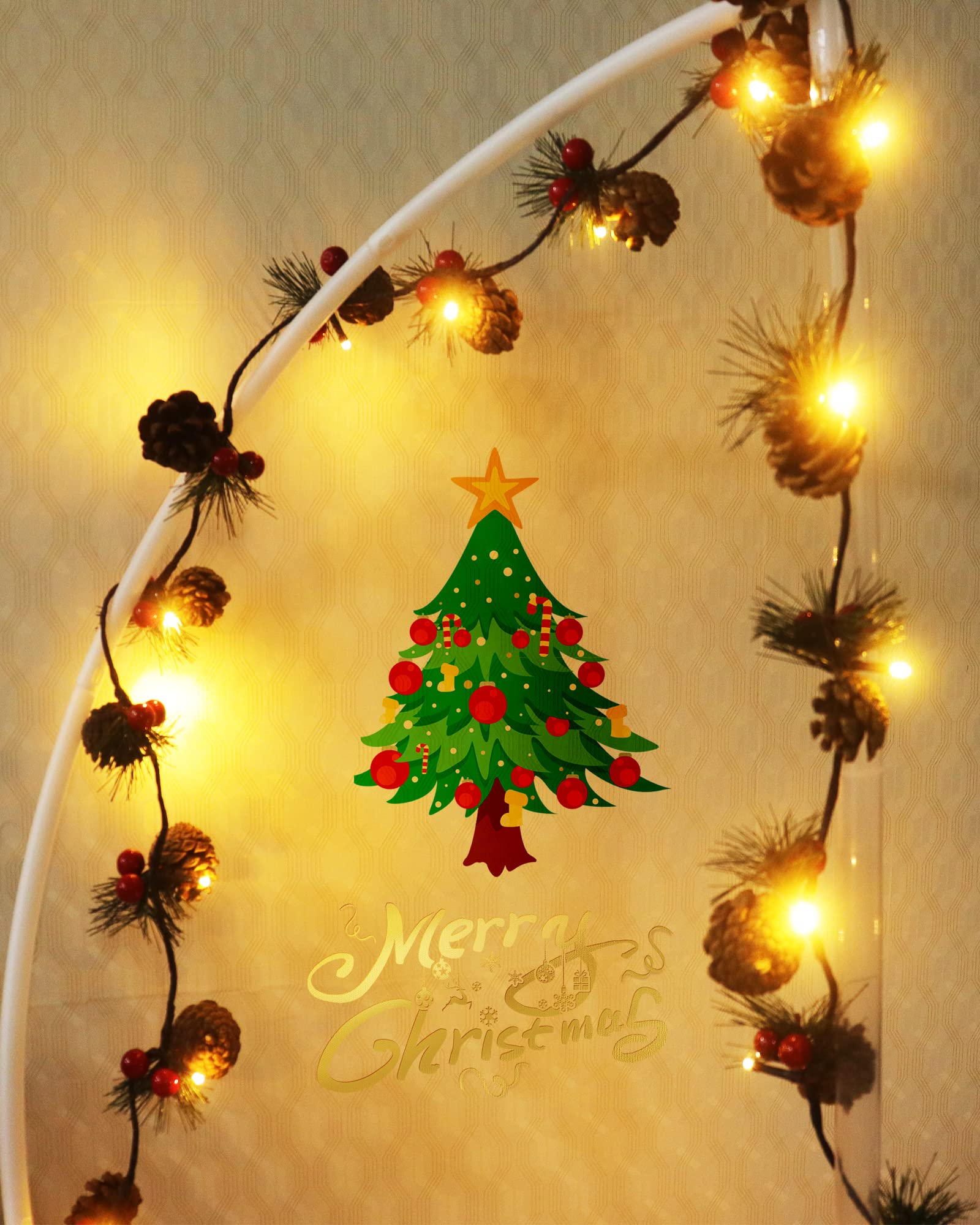 2 PCS Christmas Garland with LED String Lights - 6.6FT Pine Cone & Berry Decor for Indoor Fireplace, Mantel, Staircase, and Holiday Home Decor (20 LED Warm White Lights)