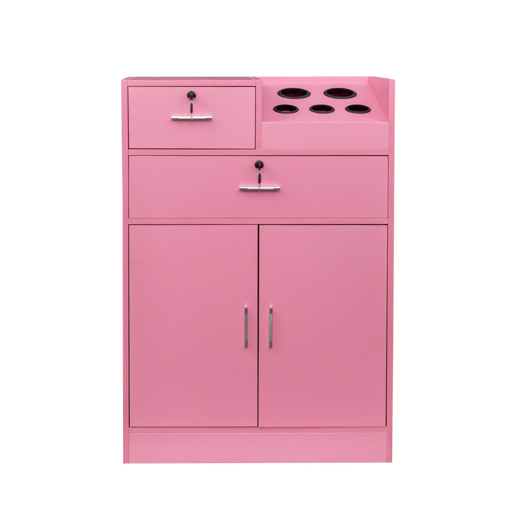 Pink Salon Storage Cabinet with Lock & Hair Dryer Holder - 2 Drawers & 1 Cabinet for Beauty Salon, Barber Shop, Spa Organization - Professional Stylist Equipment Organizer for Home & Commercial Use