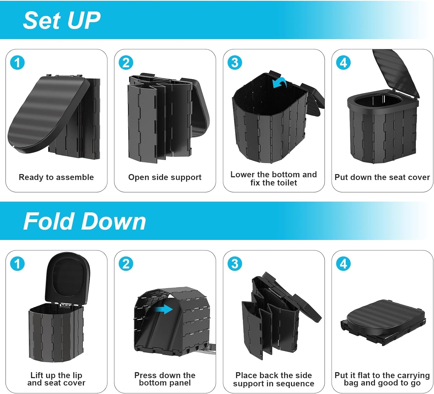 Portable Camping Toilet for Adults - Foldable Waterproof Travel Toilet for Outdoor, Hiking, RV, Boat & Beach - Compact Porta Potty for Camping, Car, Tent & Emergency Use (Black)