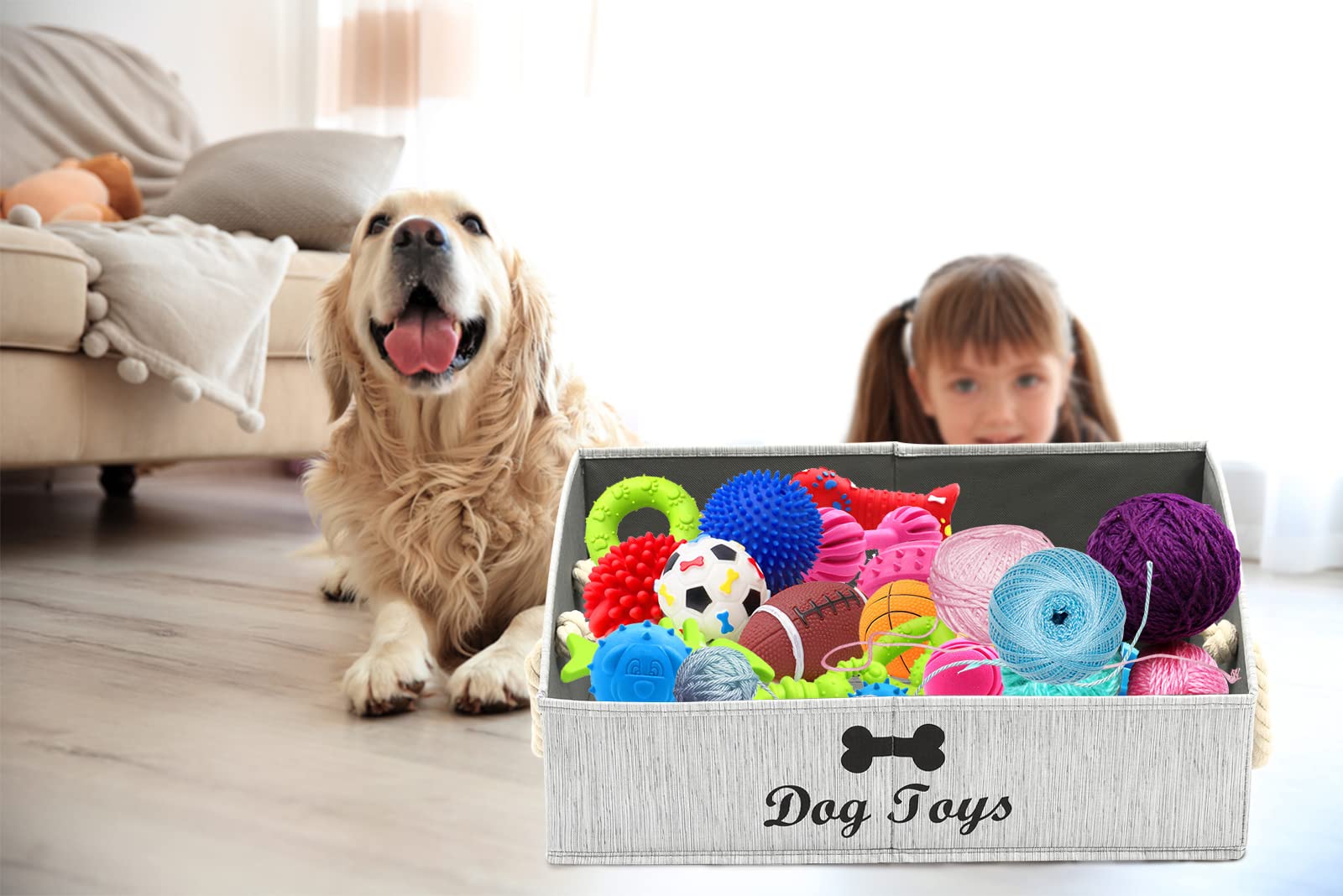 Geyecete Large Foldable Dog Toy Storage Bin - Collapsible Fabric Trapezoid Organizer Box with Woven Rope Handle for Shelves | Pet Clothes & Accessories Organizer | Perfect for Dog Toys, Leashes & Grooming Supplies (Gray-Dog Pattern)