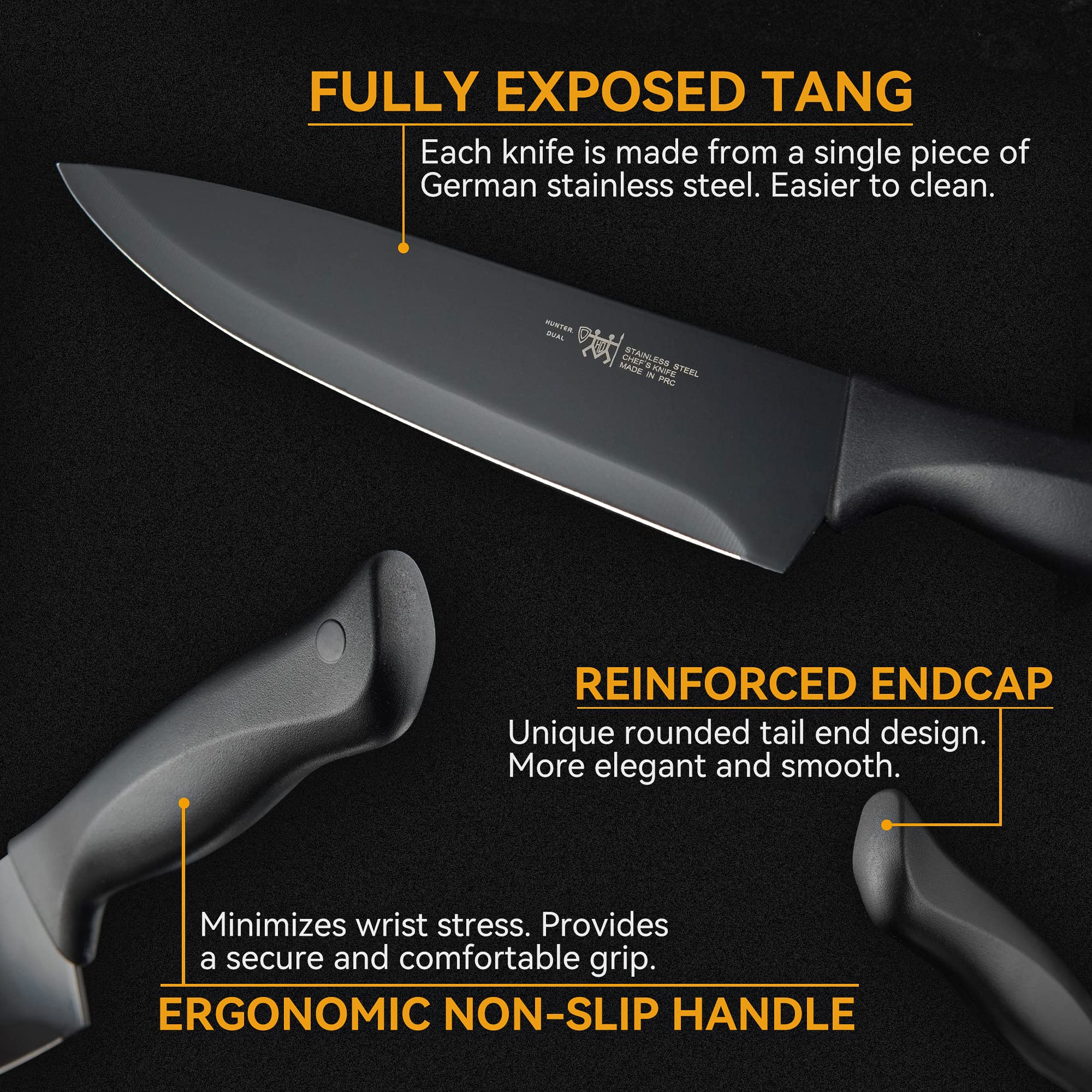 19-Piece HUNTER.DUAL Kitchen Knife Set with Wooden Block - Self-Sharpening, Dishwasher Safe, Ergonomic Anti-Slip Handles - Perfect for Home Chefs, Cooking Enthusiasts & Professional Kitchens
