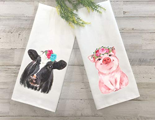 Farmhouse Style Cow and Pig Printed Flour Sack Towels Set - Soft Absorbent Kitchen Towels for Baking, Cooking, and Farmhouse Decor