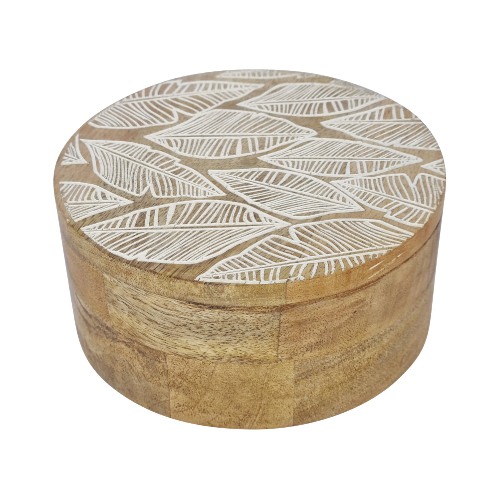 Handmade Maya Round Trinket Box 15x15x7cm - Natural Wood Jewelry Storage Organizer for Rings, Earrings & Small Keepsakes - Perfect for Bedroom Vanity, Bathroom Counter & Gift Giving