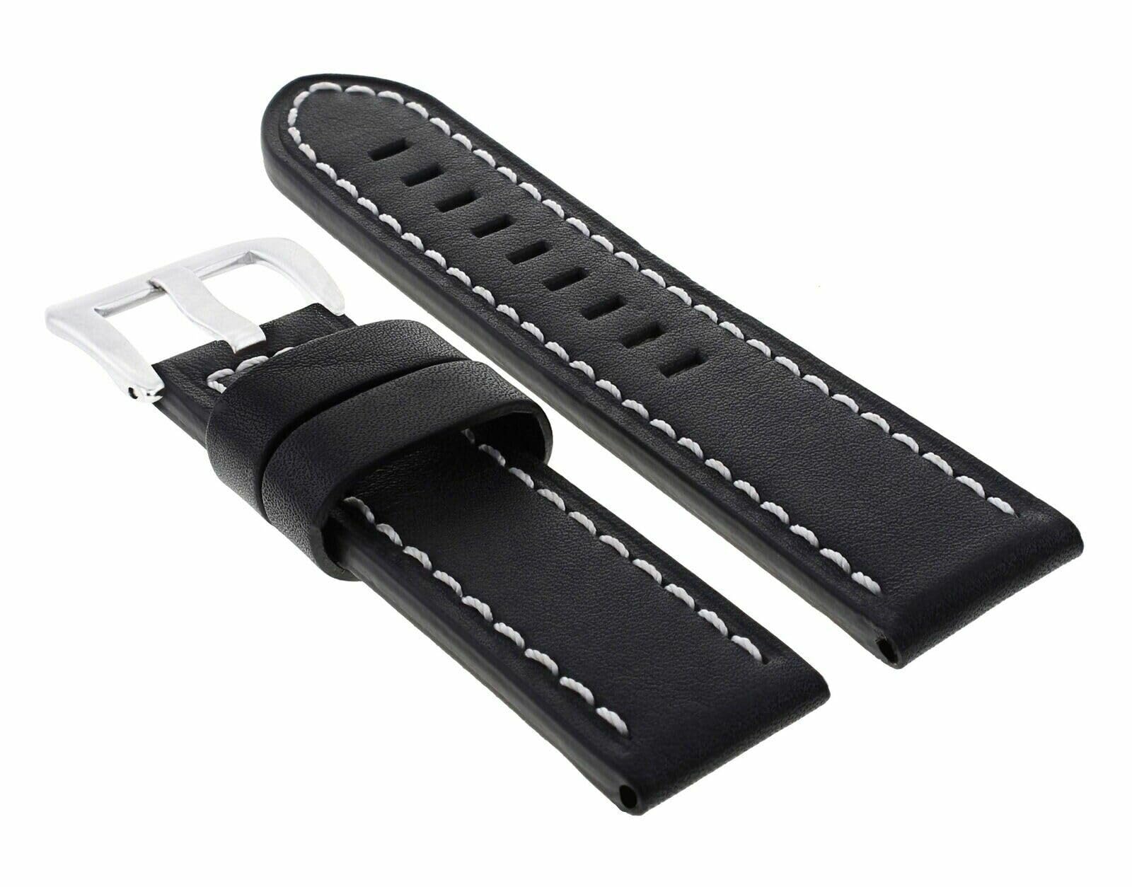 24mm Genuine Leather Watch Band Strap for Breitling Navitimer Bentley - Black with White Stitching - Premium Replacement Watch Strap for Men - Perfect for Business, Casual & Formal Occasions