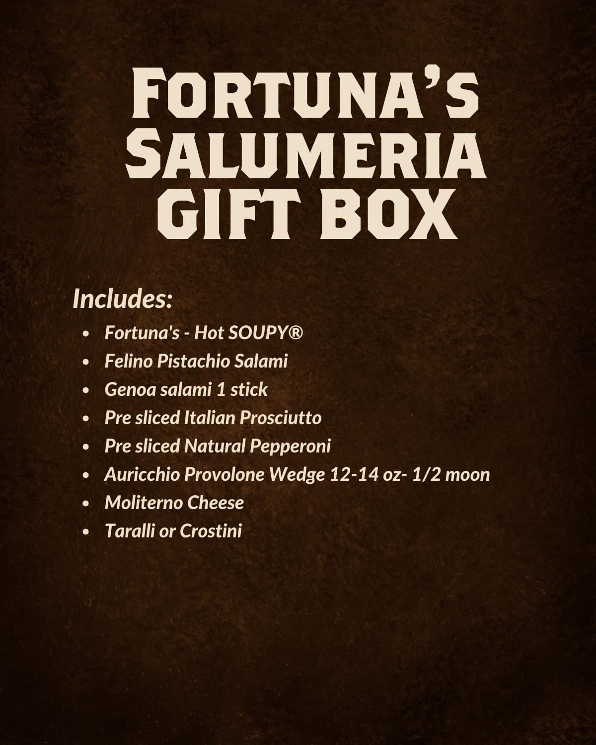 Fortuna's Salumeria Italian Charcuterie Gift Box - Premium Salami, Prosciutto, Provolone, Pepperoni & Moliterno Cheese with Tarallini | Gourmet Meat & Cheese Board for Parties, Gifts & Charcuterie Nights