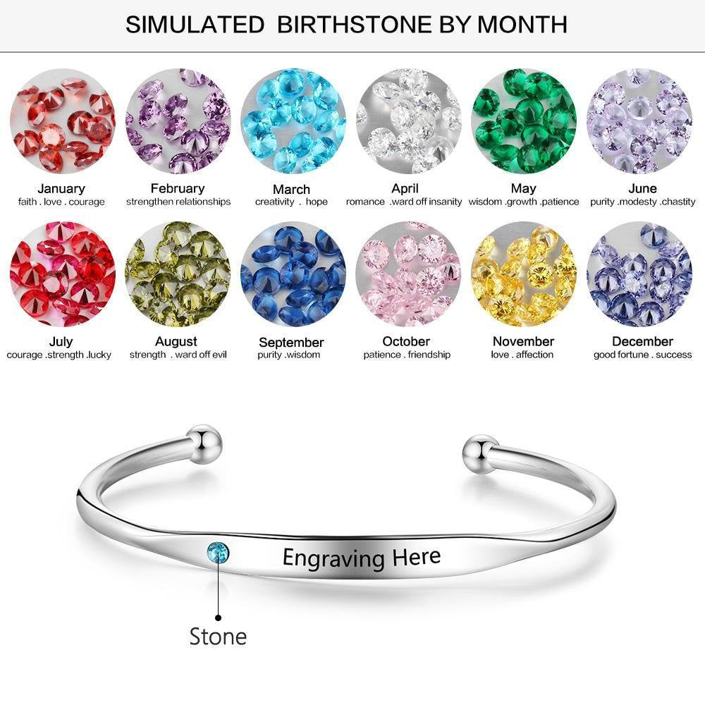 Personalized Birthstone Bangle Bracelet with Custom Name Engraving - Perfect for Birthdays, Anniversaries & Mother's Day Gifts | B003