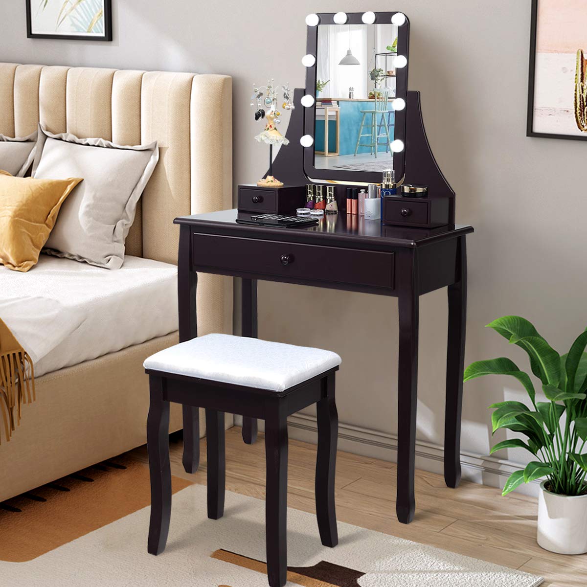 Charmaid Vanity Set with Lighted Mirror - 10 LED Dimmable Bulbs Makeup Dressing Table with 3 Drawers & 2 Dividers, Modern Bedroom Vanity Desk with Stool for Women & Girls (Espresso) - Perfect for Makeup Application, Skincare Routine & Bedroom Decor