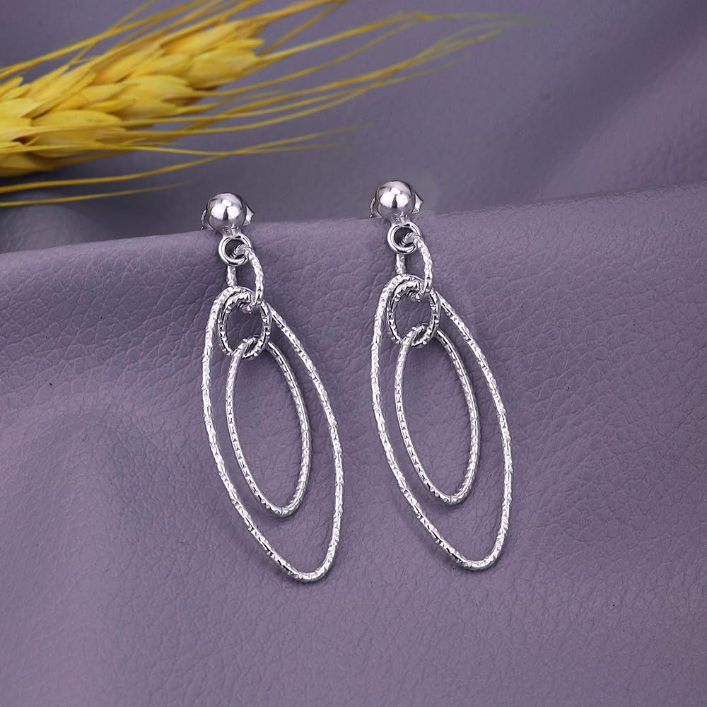Vanbelle 925 Sterling Silver Rhodium Plated Diamond Cut Textured Interlinked Multi Oval Earrings for Women - Elegant Handcrafted Jewelry Gift for Birthday, Anniversary & Special Occasions