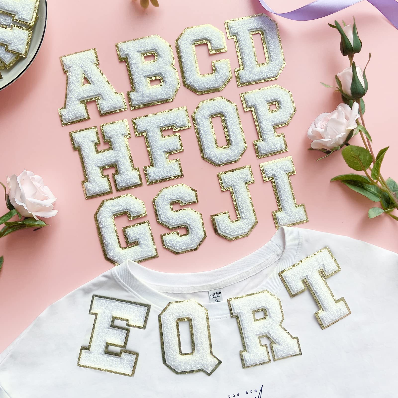 Iron On Letters for Clothing - 8PCS Chenille Varsity Letter Patches with Glitter & Adhesive Backing - Alphabet Sewing Appliques (White L) - Perfect for DIY Jackets, Hats, Bags & School Spirit Gear