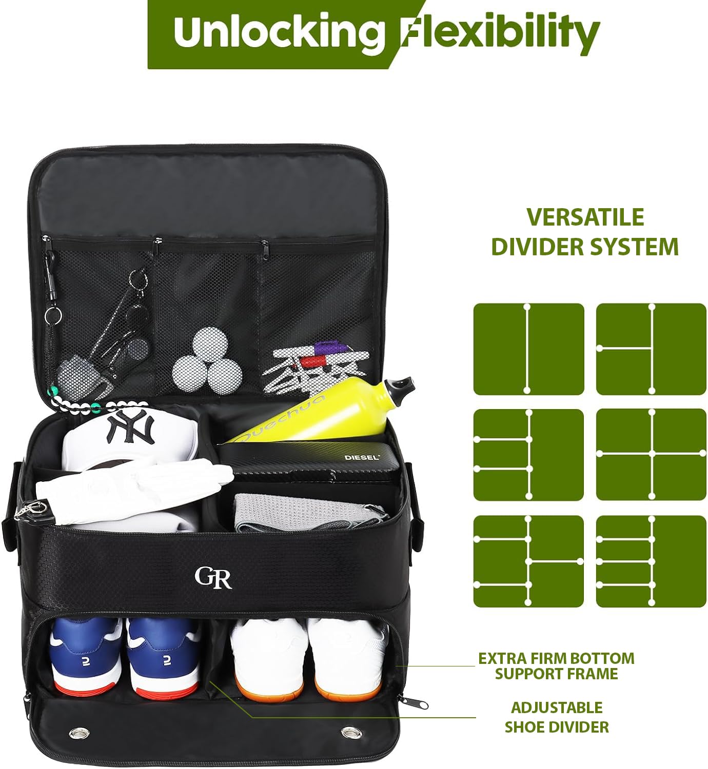 2 Layer Golf Trunk Organizer & Travel Shoe Bag with Gloves Holder - Premium Golf Bag Accessories for Storage & Organization (Black) | Perfect for Golf Trips, Car Storage & Equipment Protection