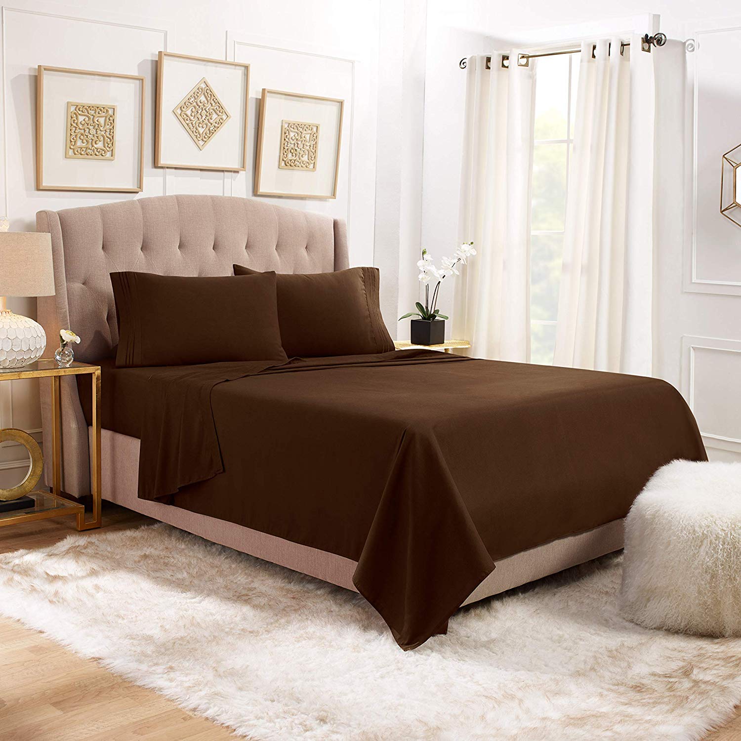 JS Sanders 6-Piece Microfiber Bed Sheet Set - Full Size, Chocolate Brown | Ultra Soft & Breathable Bedding | Perfect for Guest Rooms, Dorms & Everyday Comfort