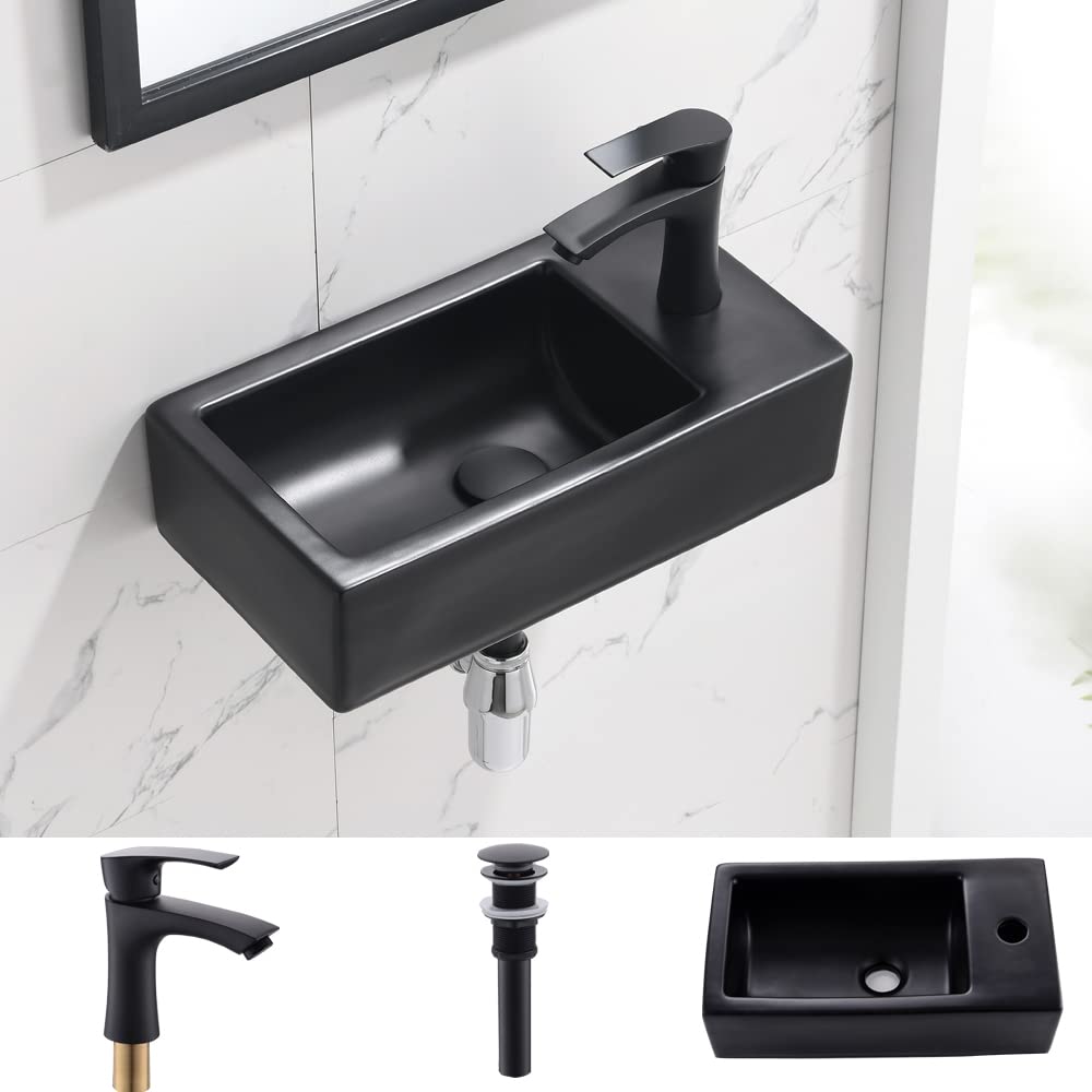 Bokaiya 18 Inch Wall Mount Corner Bathroom Sink with Faucet - Matte Black Porcelain Ceramic Floating Vessel Sink for Small Bathrooms, Cloakrooms & Powder Rooms - Includes Drain Combo (Right Hand Installation) - Perfect for Space-Saving Modern Bathroom Designs