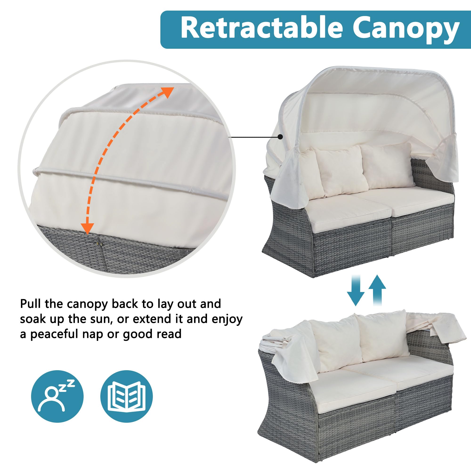 Merax Outdoor Patio Rattan Daybed Sunbed with Retractable Canopy - White Sectional Conversation Sofa Set for Backyard, Porch & Garden Relaxation | Perfect for Lounging, Sunbathing & Outdoor Entertaining