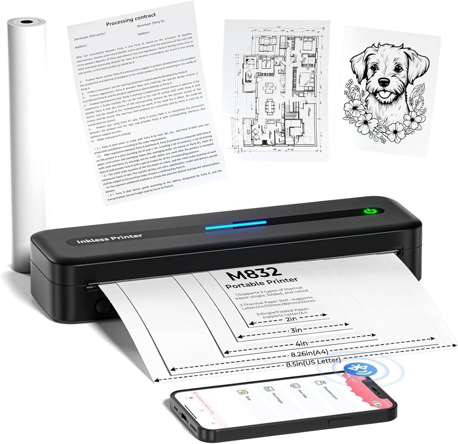 PokeLabel Mobile A4 Printer for Travel - Wireless Bluetooth Thermal Inkless Printer, 300dpi Portable Compact Printer for Android/iOS/Windows/Mac - Perfect for Business Trips, Home Office & On-the-Go Printing