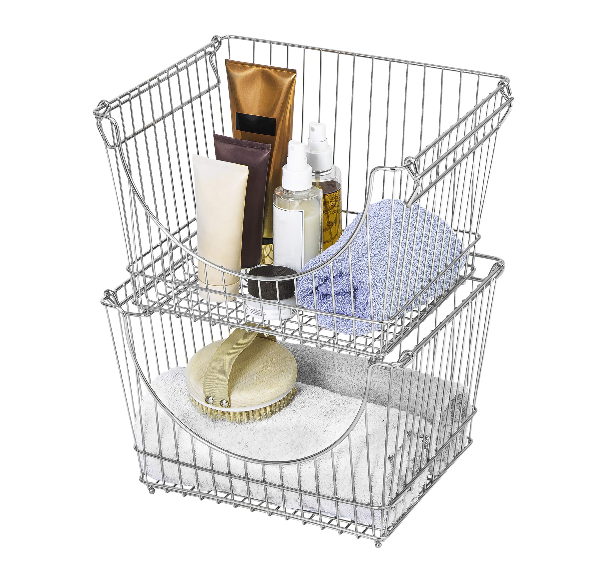 Smart Stacking Baskets with Handles - Set of 6 Large Steel Wire Storage Bins for Fruits, Vegetables & Pantry Organization (12.5