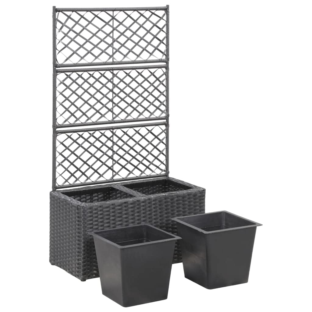 Black Poly Rattan Trellis Raised Garden Bed for Vines, Climbers, Vegetables & Flowers - Freestanding Elevated Planter with 2 Pots (22.8