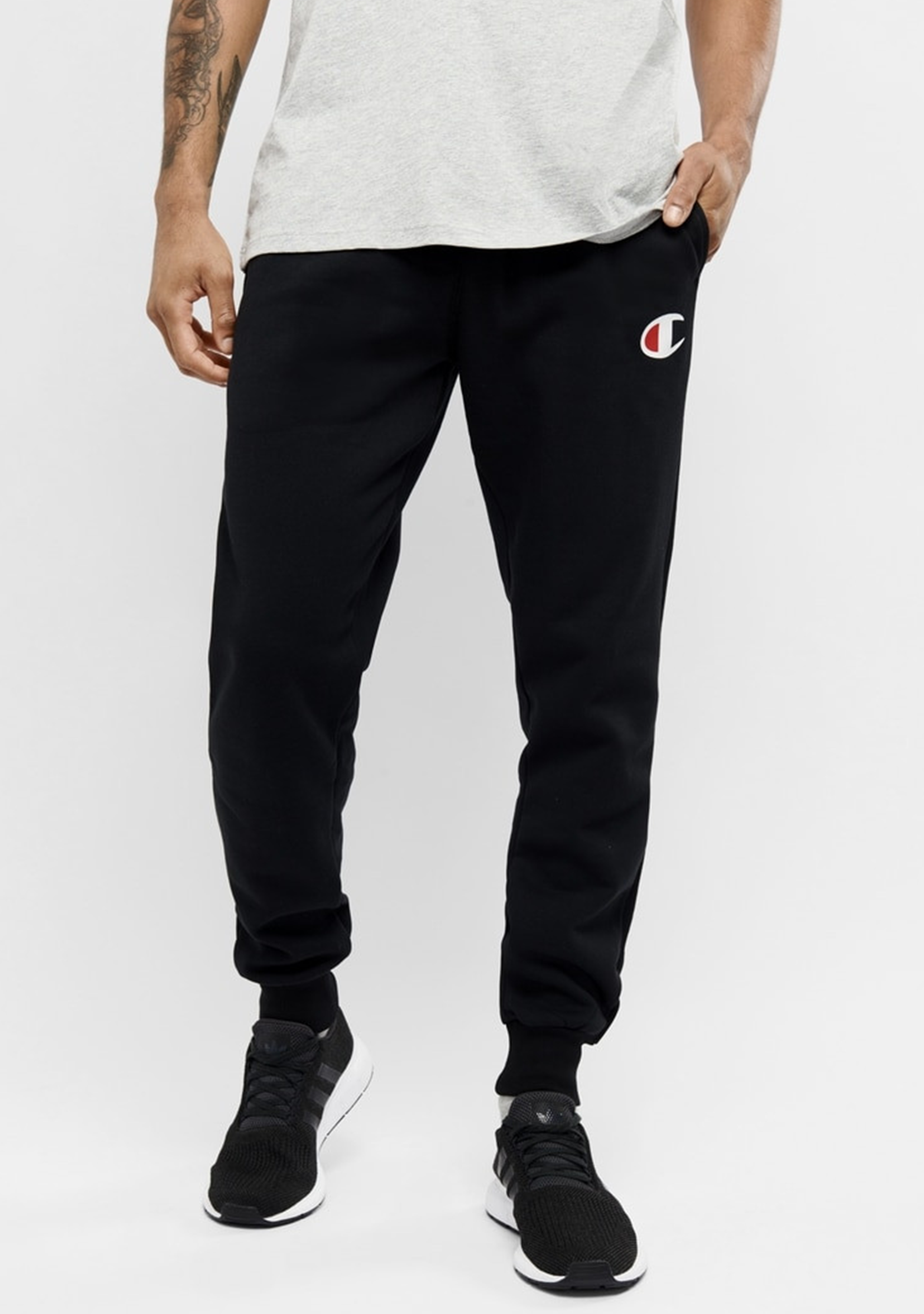 Champion Men's C Logo Cuff Sweatpants - Black Joggers for Casual Wear, Gym & Lounge