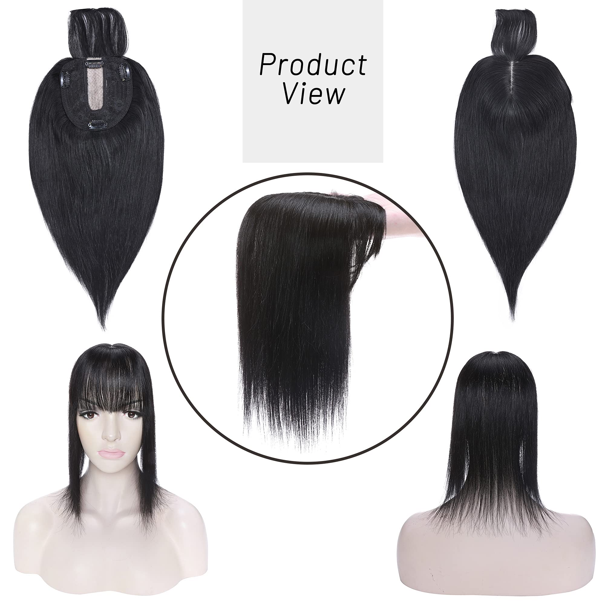 Premium 130% Density Human Hair Toppers with Bangs - Hand-Tied Silk Base Clip-In Hairpiece for Women with Thinning Hair - Natural Hair Loss Solution & Gray Coverage - 10 Inch 35g Jet Black - Perfect for Daily Wear, Special Occasions & Confidence Boost
