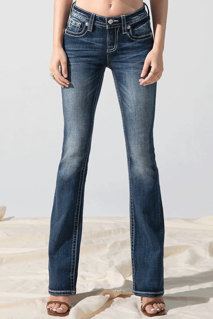 Miss Me M3914B Women's All Night Longhorn Bootcut Jeans - Dark Blue Denim for Casual Wear & Western Style Outfits
