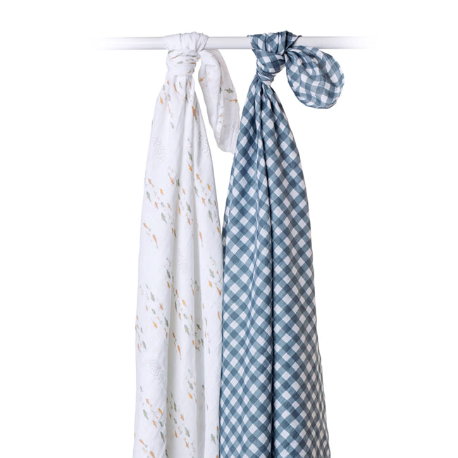 Lulujo Boho 2-Pack 100% Cotton Muslin Swaddle Blankets - Fish Navy Gingham Print | Soft Baby Swaddles for Newborns, Infants & Toddlers | Perfect for Nursery, Photo Shoots & Travel