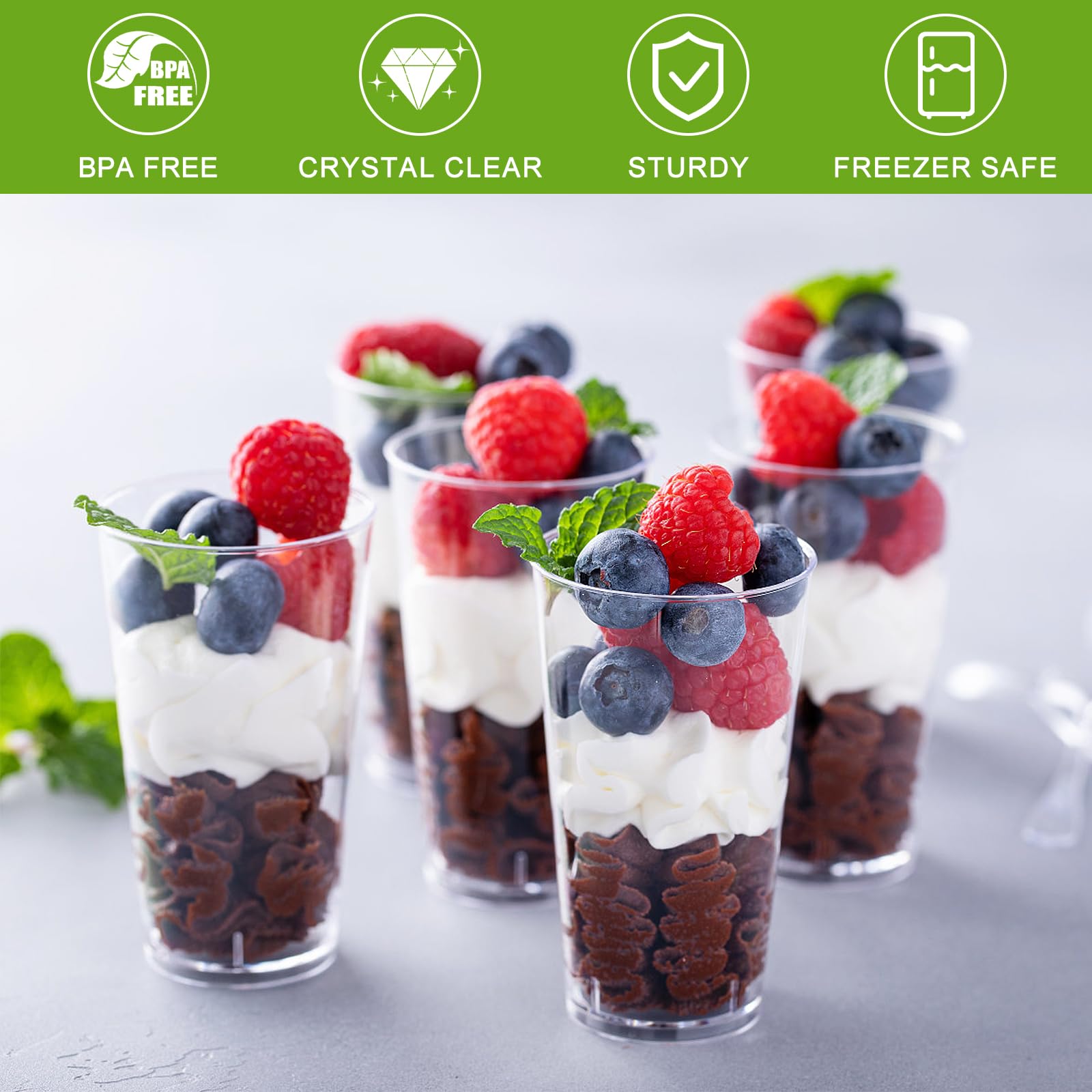 50 Pack 3 oz Clear Plastic Dessert Cups with Spoons - Mini Shooter Cups for Cheesecake, Pudding, Mousse, Appetizers - Perfect for Parties, Catering & Home Baking