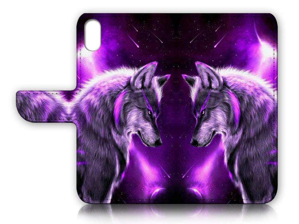 Cool Wolf Designed Flip Wallet Phone Case Cover for iPhone X & iPhone Xs - Slim Protective Leather Case with Card Slots for Daily Use & Travel