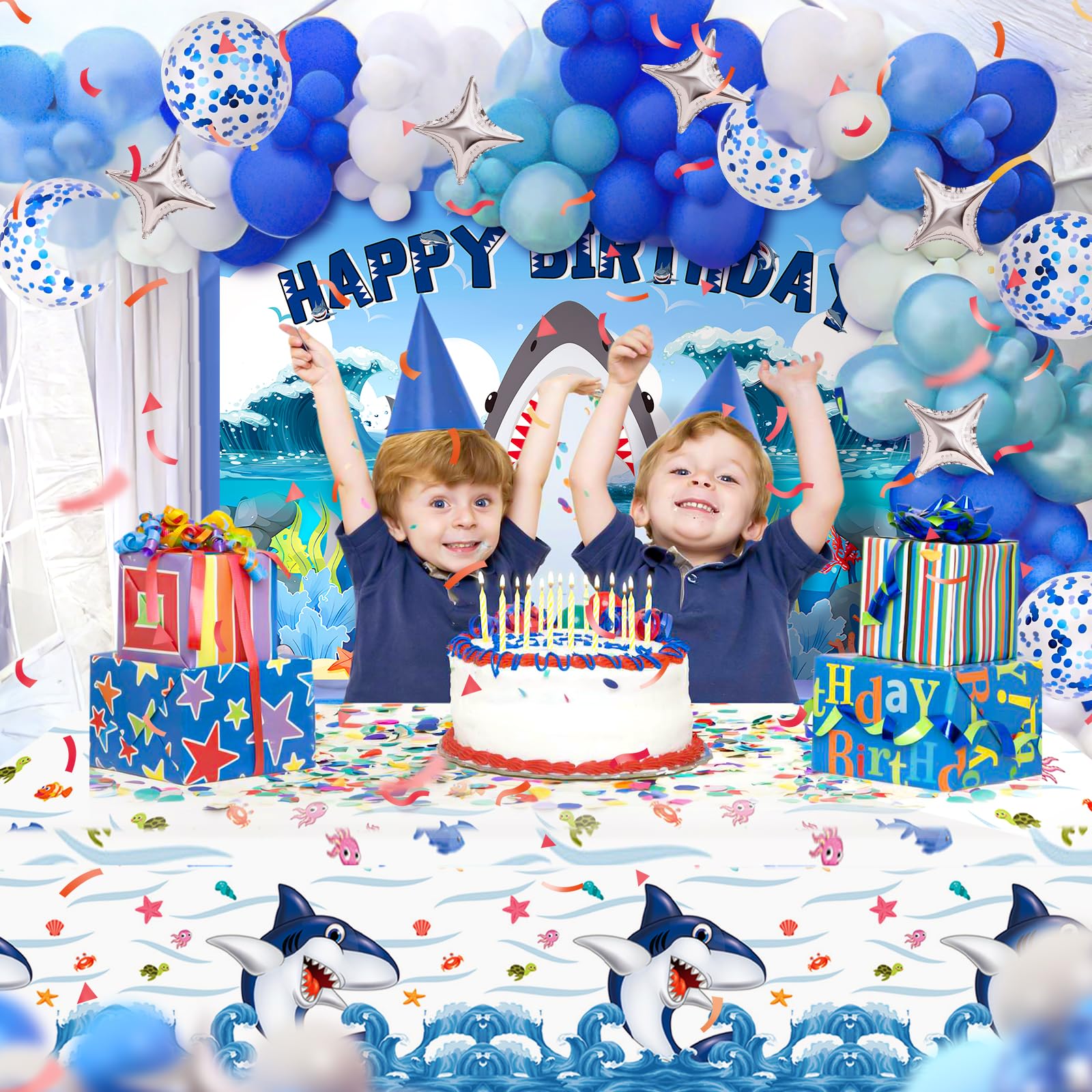 **Winrayk 145Pcs Shark Birthday Party Decorations Kit - Ocean Themed Balloon Garland Arch, Backdrop, Tablecloth & Star Balloons for Kids Boys - Perfect for Under the Sea Birthday Party, Baby Shower & Themed Events**