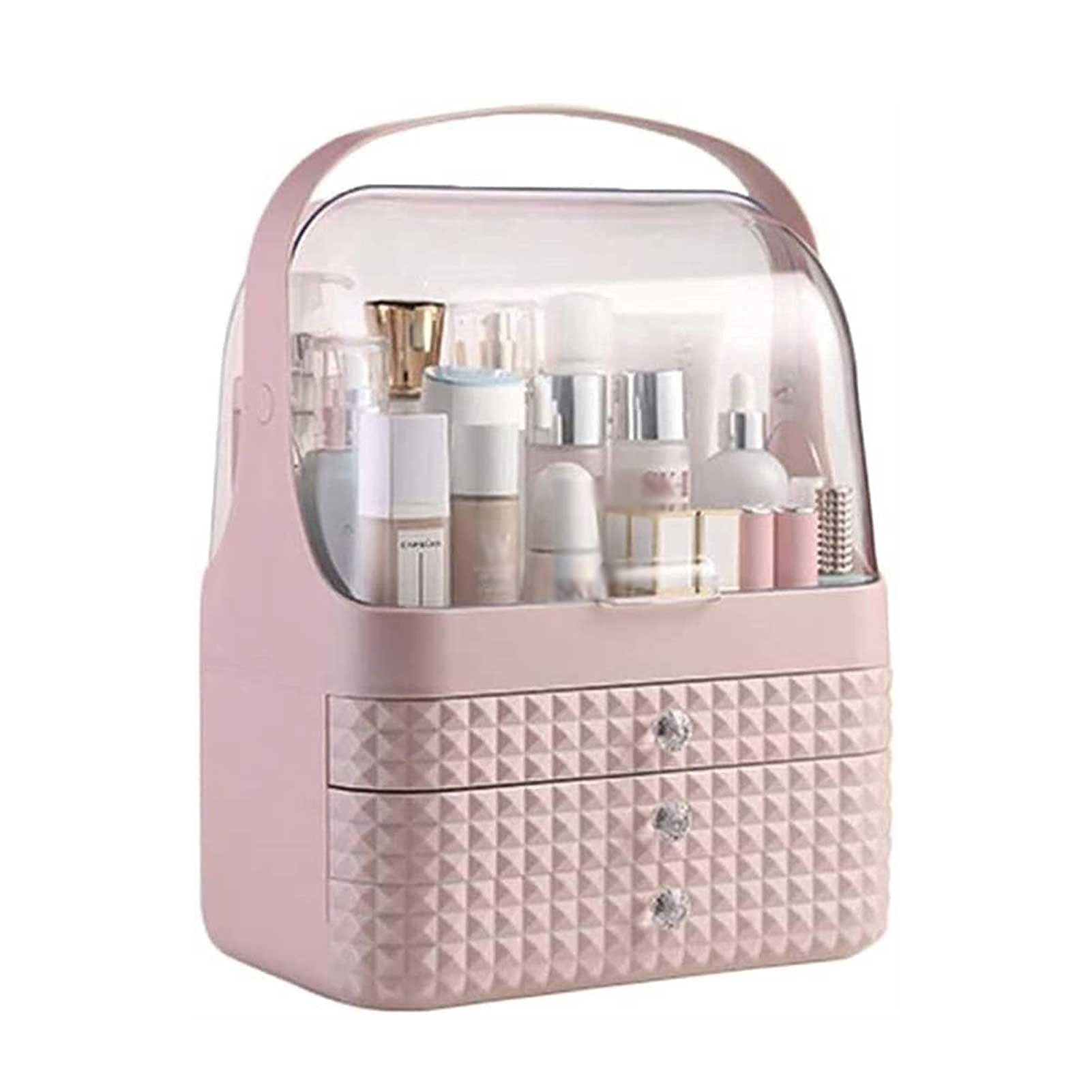 Portable Makeup Organizer with Dust-Free Cover & Waterproof Lid - High Capacity Cosmetic Storage Box with Handle, Dust-Proof Drawers - Perfect for Bathroom Countertop, Bedroom Dresser & Travel Use