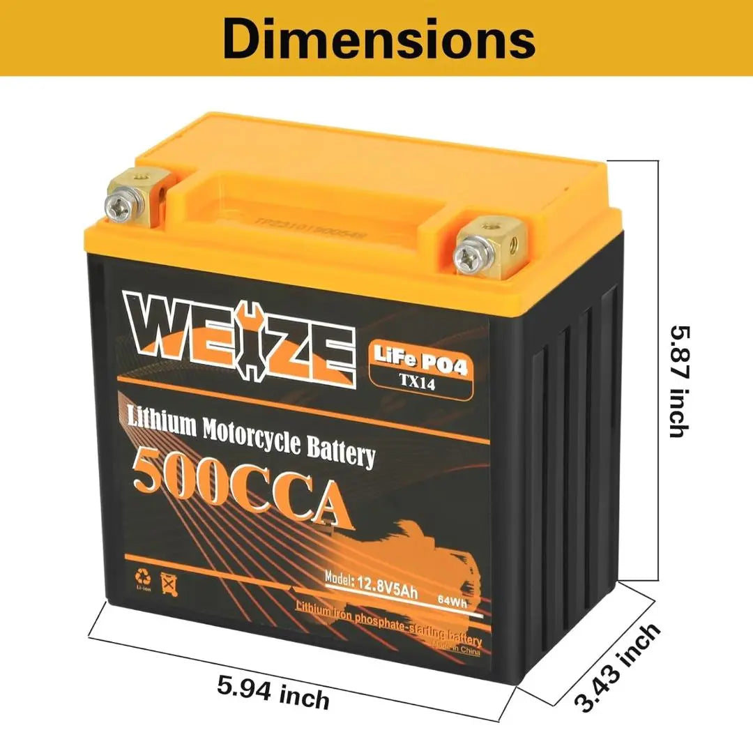 WEIZE 12V 5AH Lithium Group 14 LiFePO4 Motorcycle Battery - 500CCA High Performance, Lightweight & Long Lasting - Perfect for Harley, Honda, Yamaha & Other Motorcycles, ATVs, Scooters & Powersports Vehicles