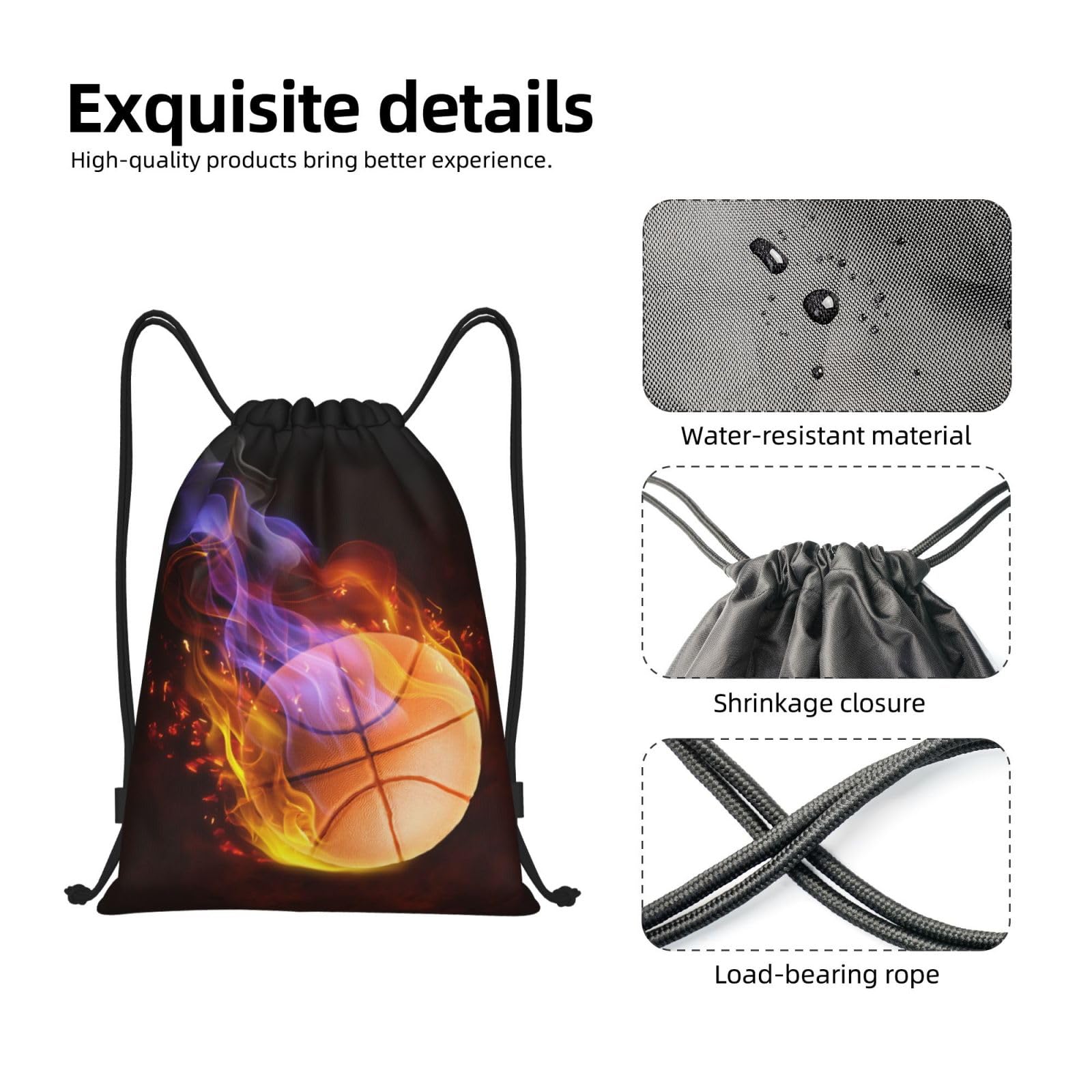 Fire Basketball Drawstring Backpack for Kids, Teens & Adults - Lightweight Sports Daypack for School, Gym, Travel, Hiking & Work - Black Medium Drawstring Bag for Boys, Girls, Men & Women