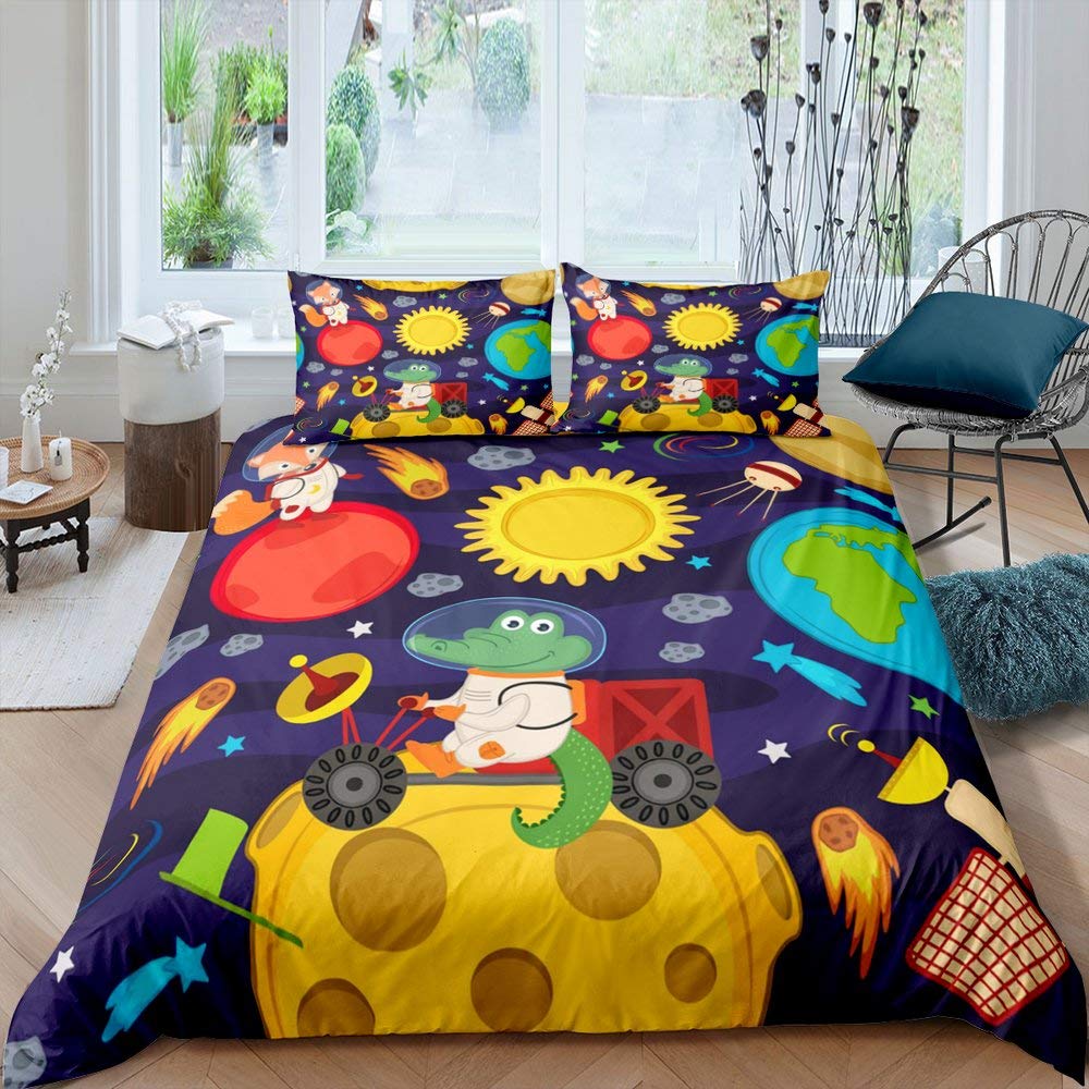 **Space Crocodile Cartoon Comforter Cover Set - Twin Size, Fun & Colorful Bedding for Kids & Adults - Fox, Sunflower, Rose & Stars Design - Perfect for Bedroom Decor, Gifts, Dorm Rooms & Themed Bedrooms (2-Piece Set)**