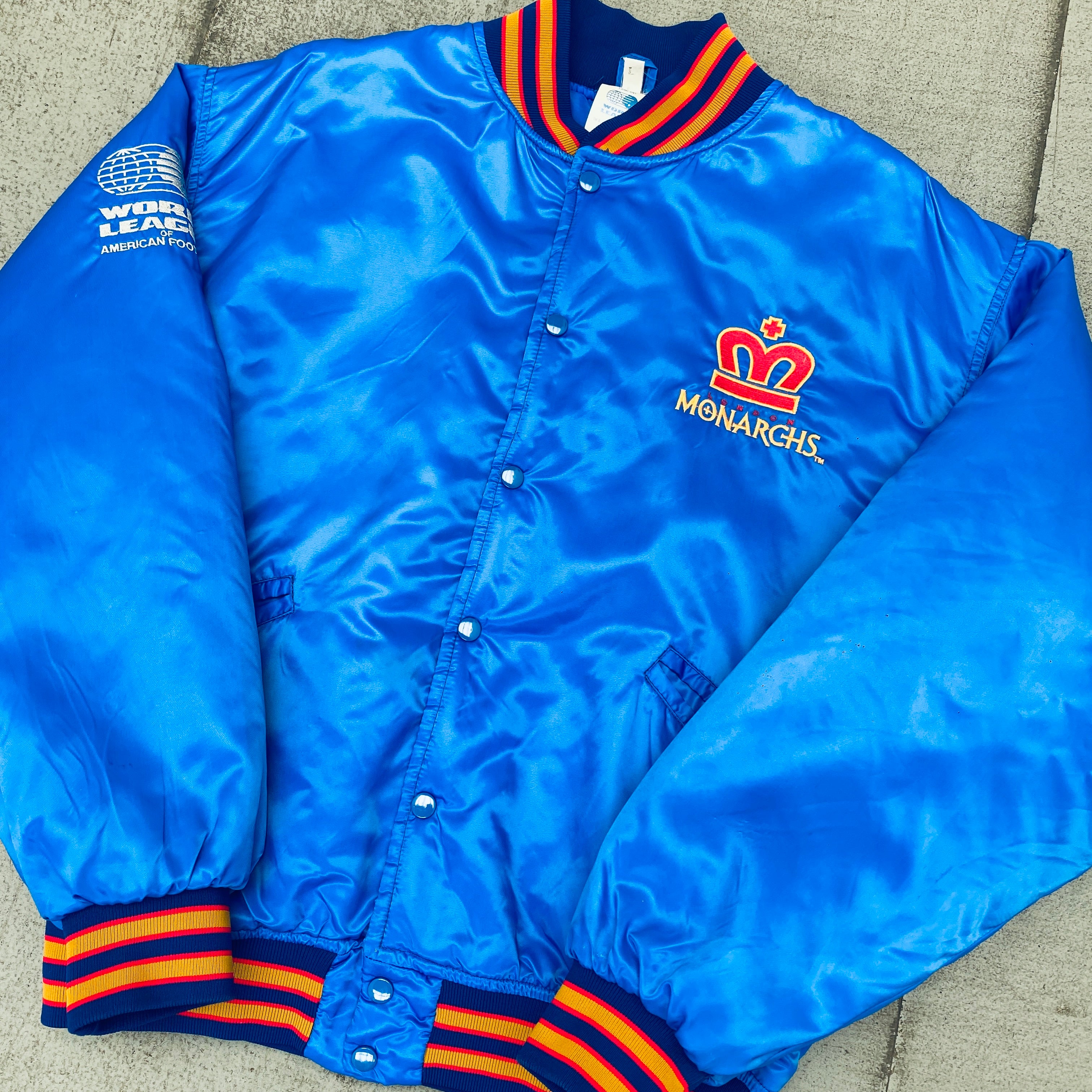 WLAF: London Monarchs 1992 Satin Reverse Embroidered Spellout Bomber Jacket (Large) - Vintage Football Jacket for Sports Fans & Retro Fashion Enthusiasts